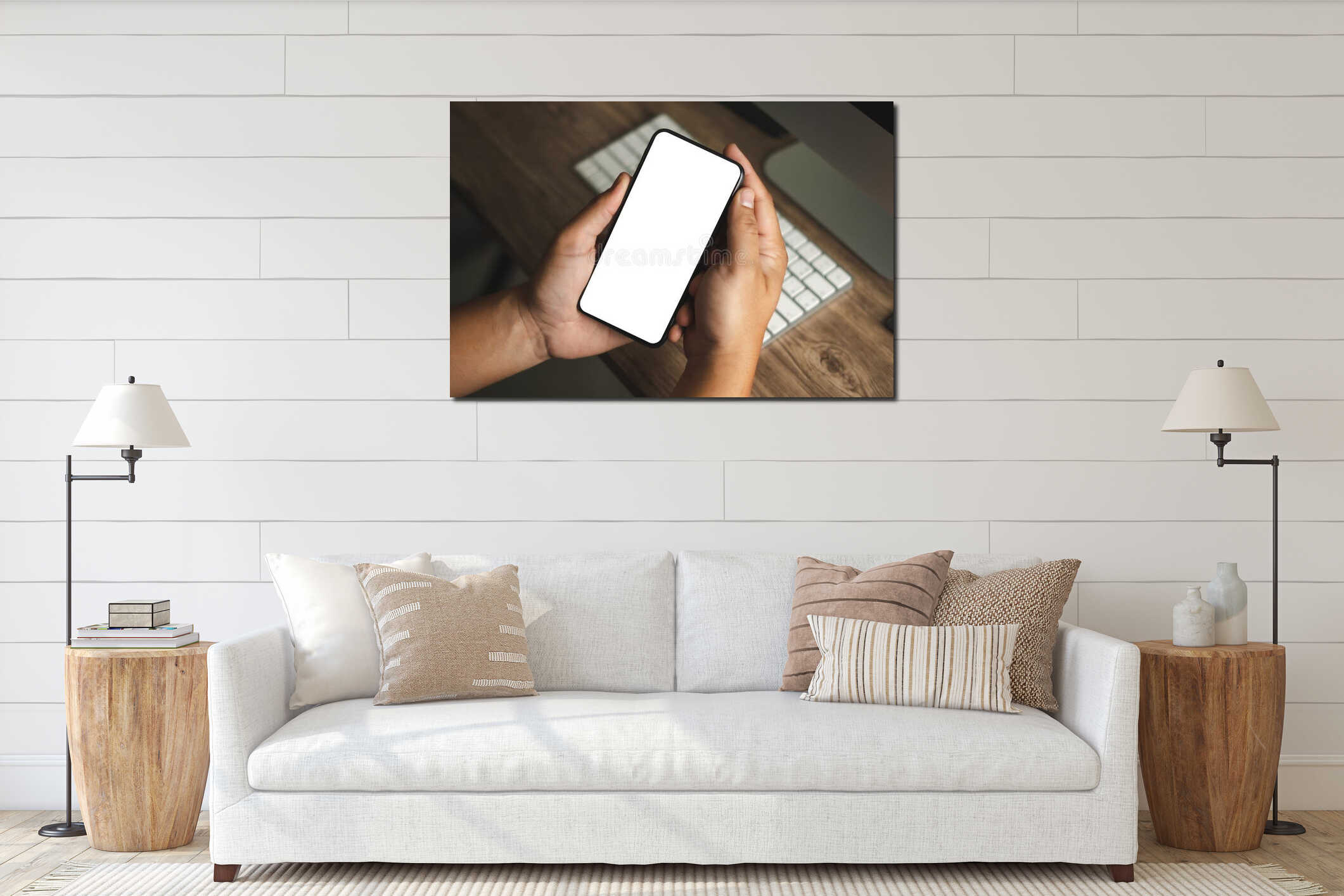 Top view Mockup image hand using a smartphone man Holding Cell Phone With Blank Screen interior mockup