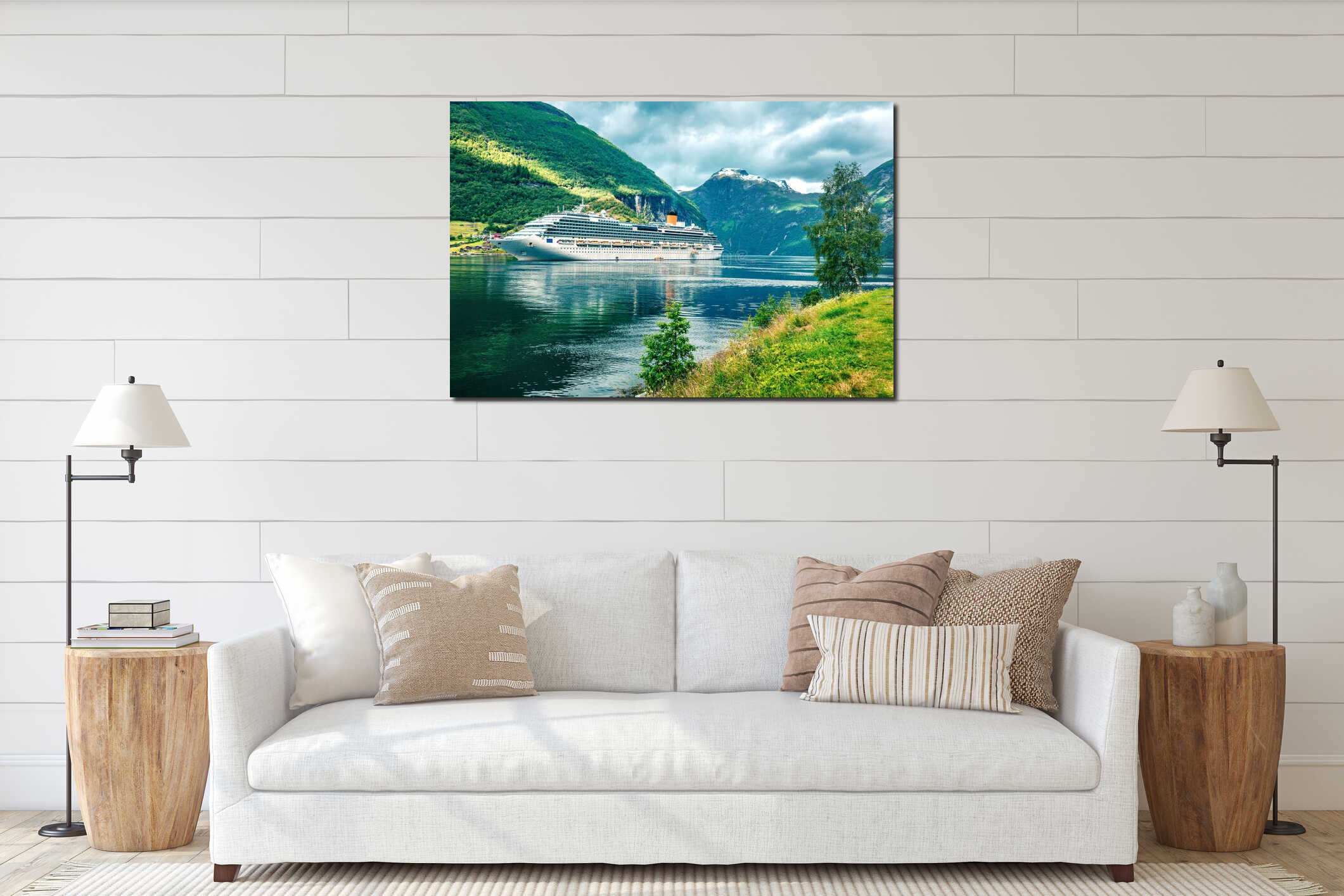 Dramatic summer scene of Geiranger port, western Norway. Colorful view of Sunnylvsfjorden fjord. Traveling concept background. interior mockup
