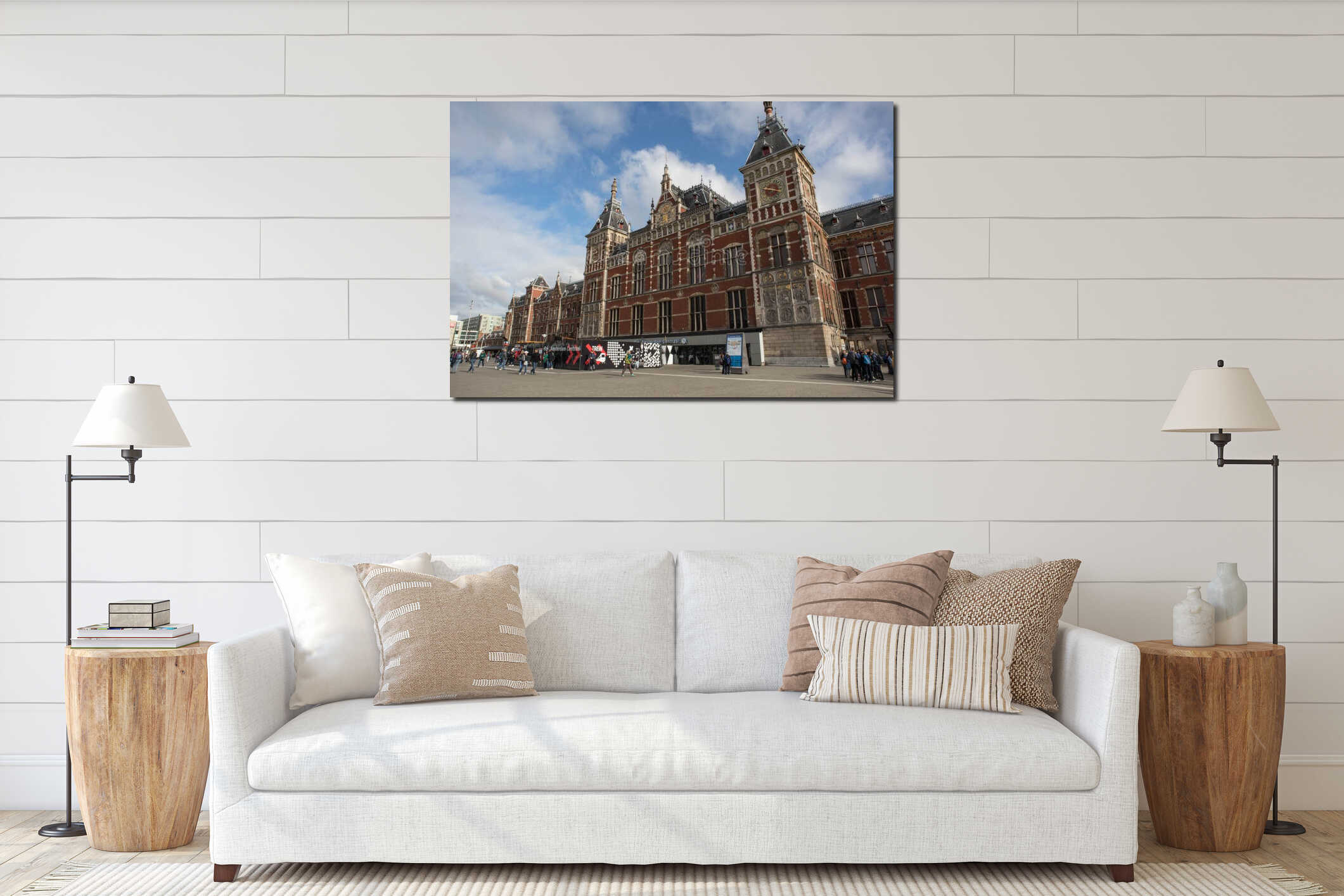 Public pedestrian square  outside the historic Amsterdam Centraal Railway Station showing entrance interior mockup