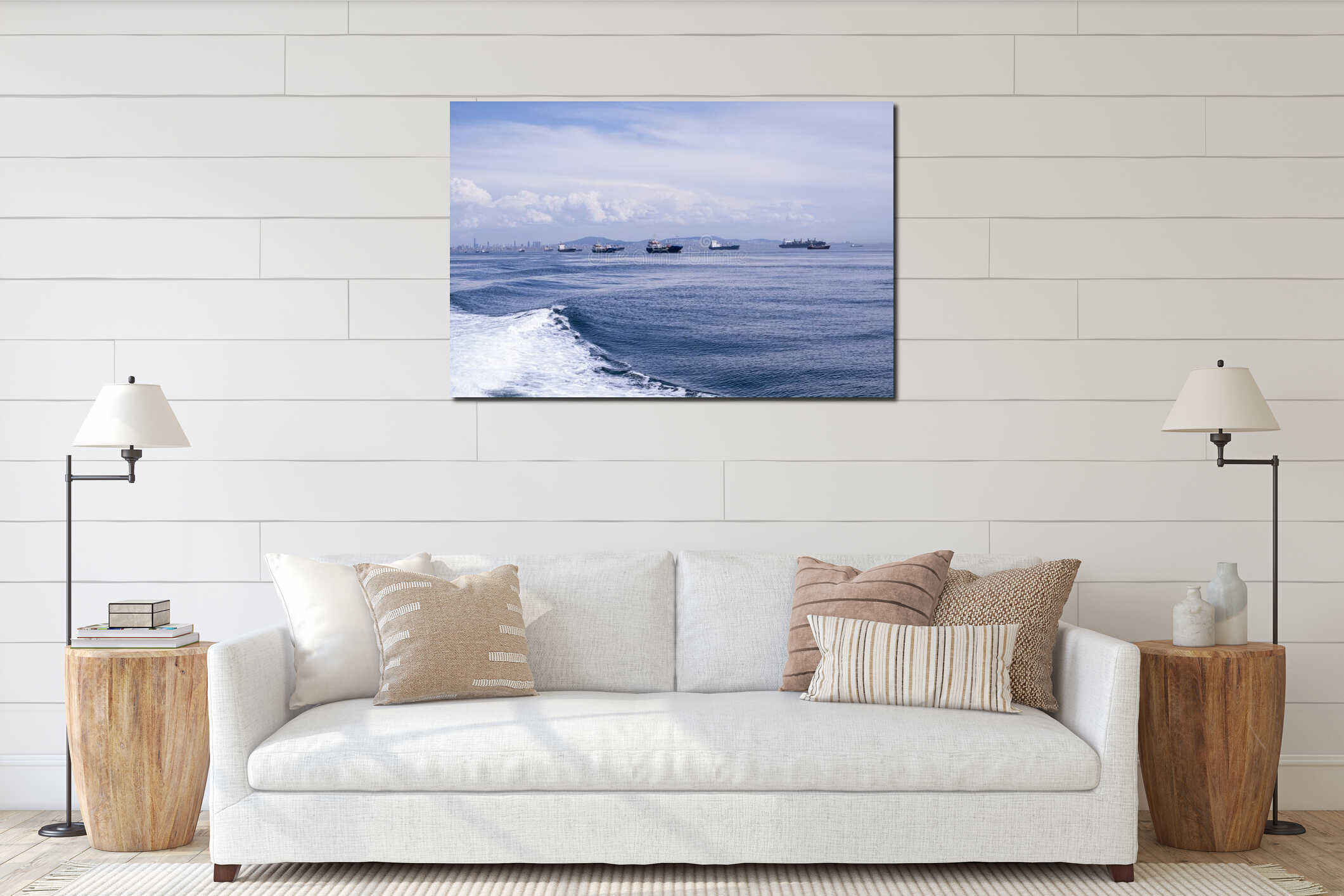 Cargo ships waiting in marmara sea for acrossing istanbul bosphorus interior mockup