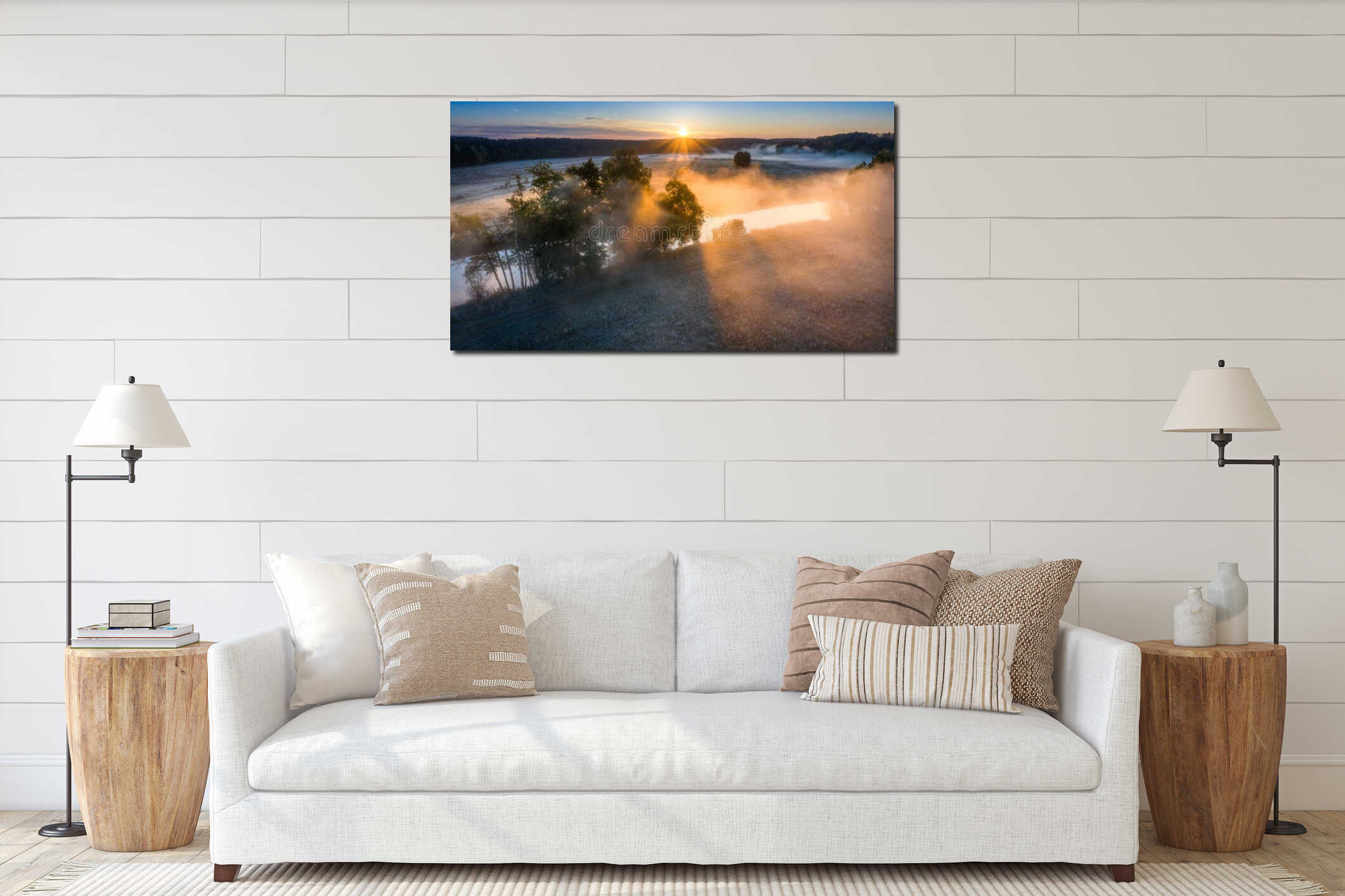 Summer scene aerial view. Misty sunrise. Foggy river interior mockup
