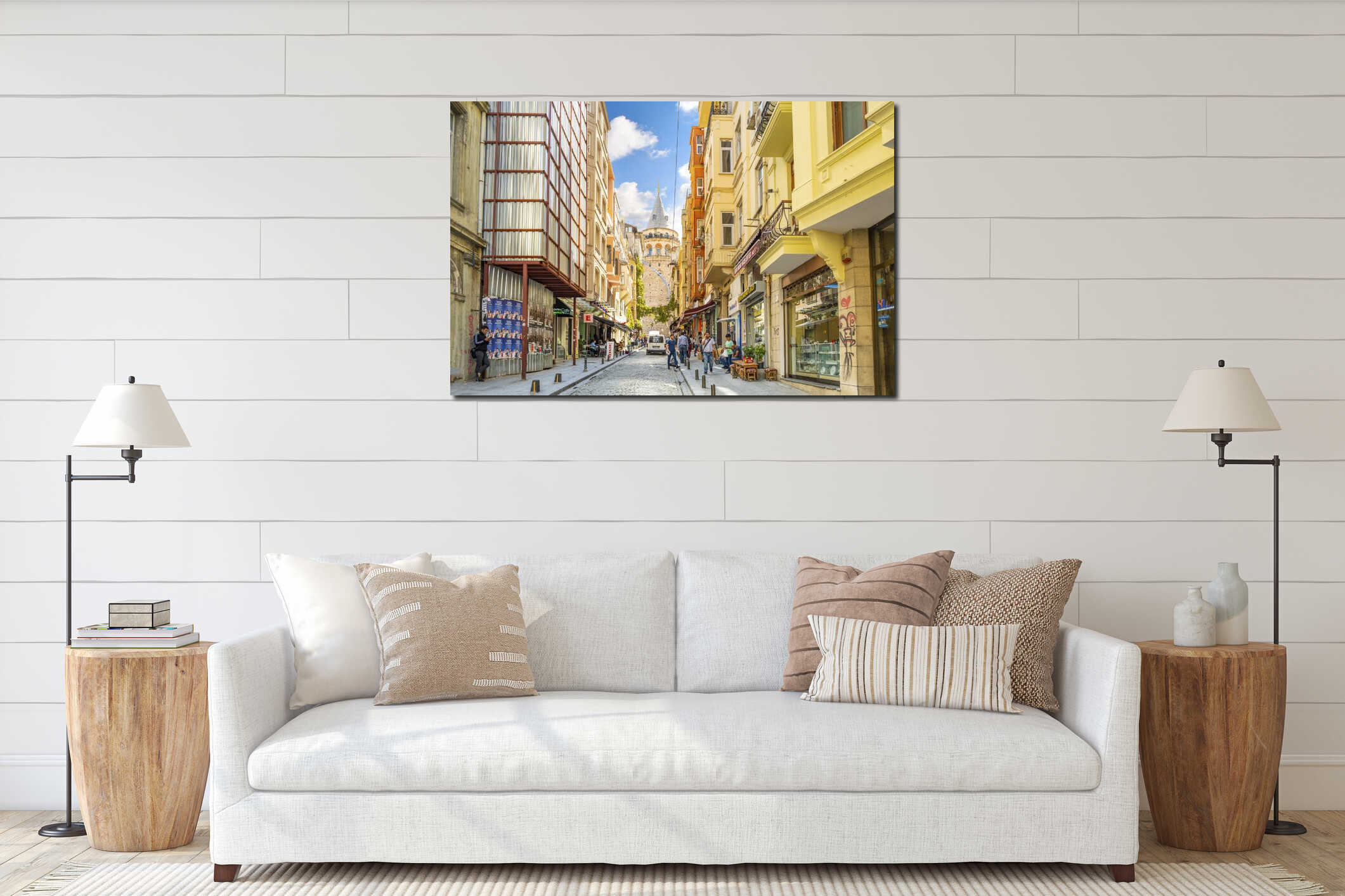 The Galata Tower rises in the distance behind a colorful street in Istanbul Turkey interior mockup