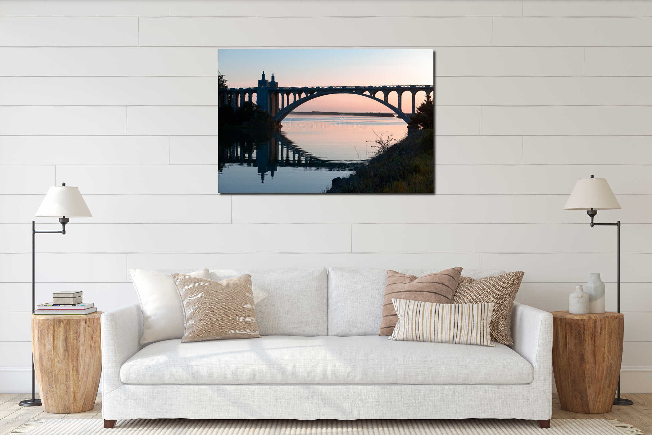 Rogue River bridge in Gold Beach, Oregon at sunset reflected in water interior mockup