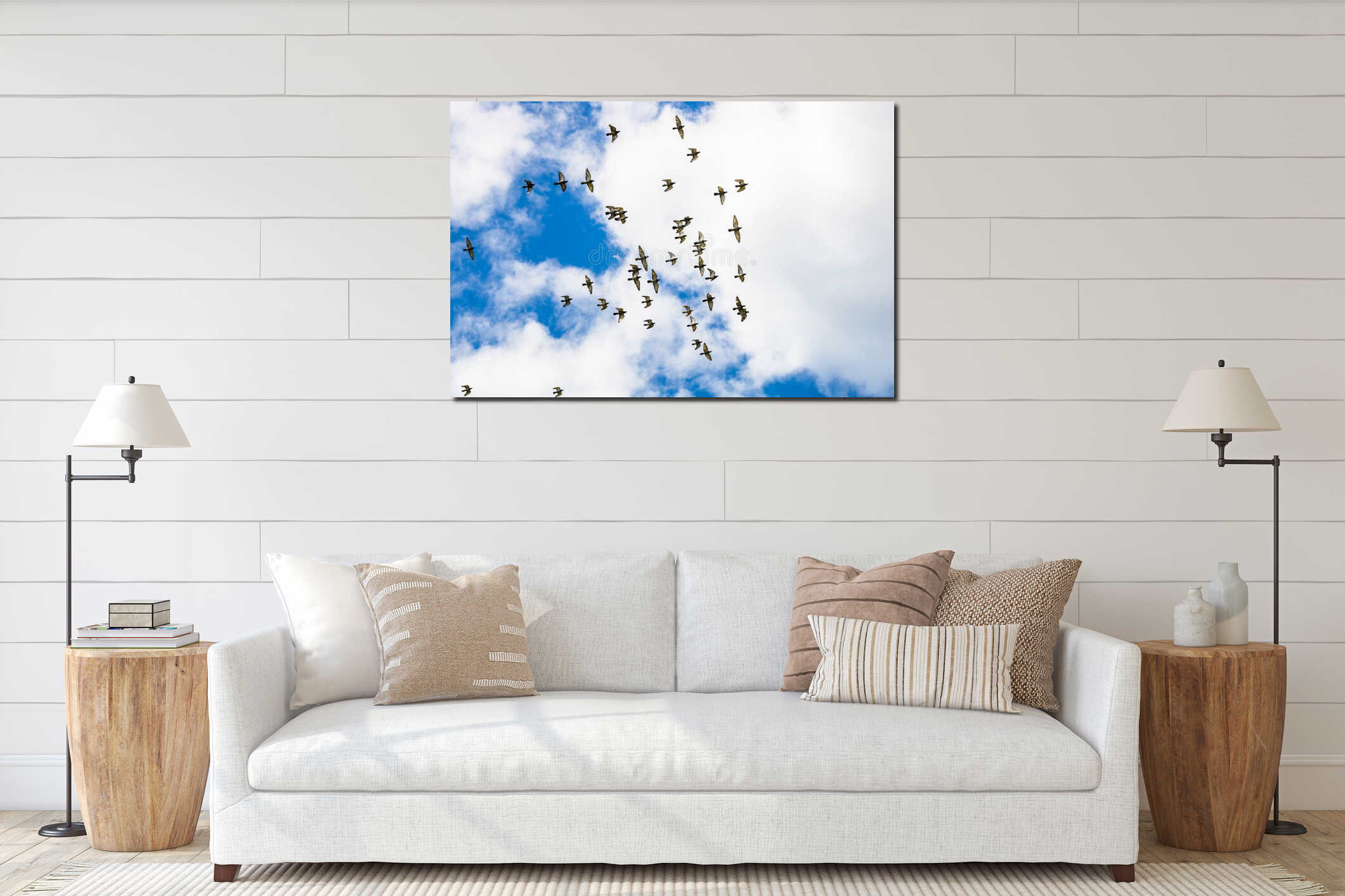 Many pigeons birds flying in the cloudy sky interior mockup