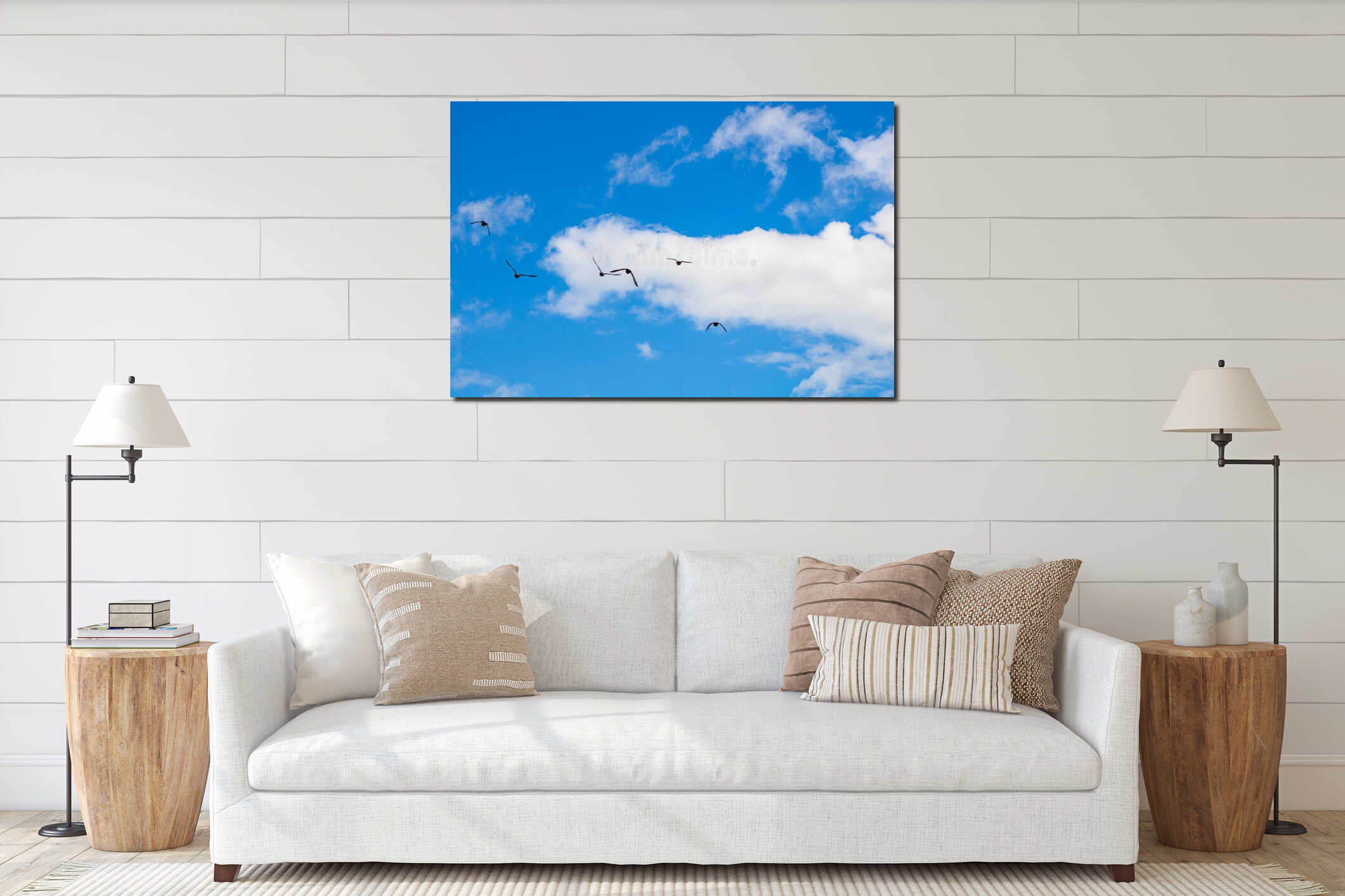 Many pigeons birds flying in the cloudy sky interior mockup