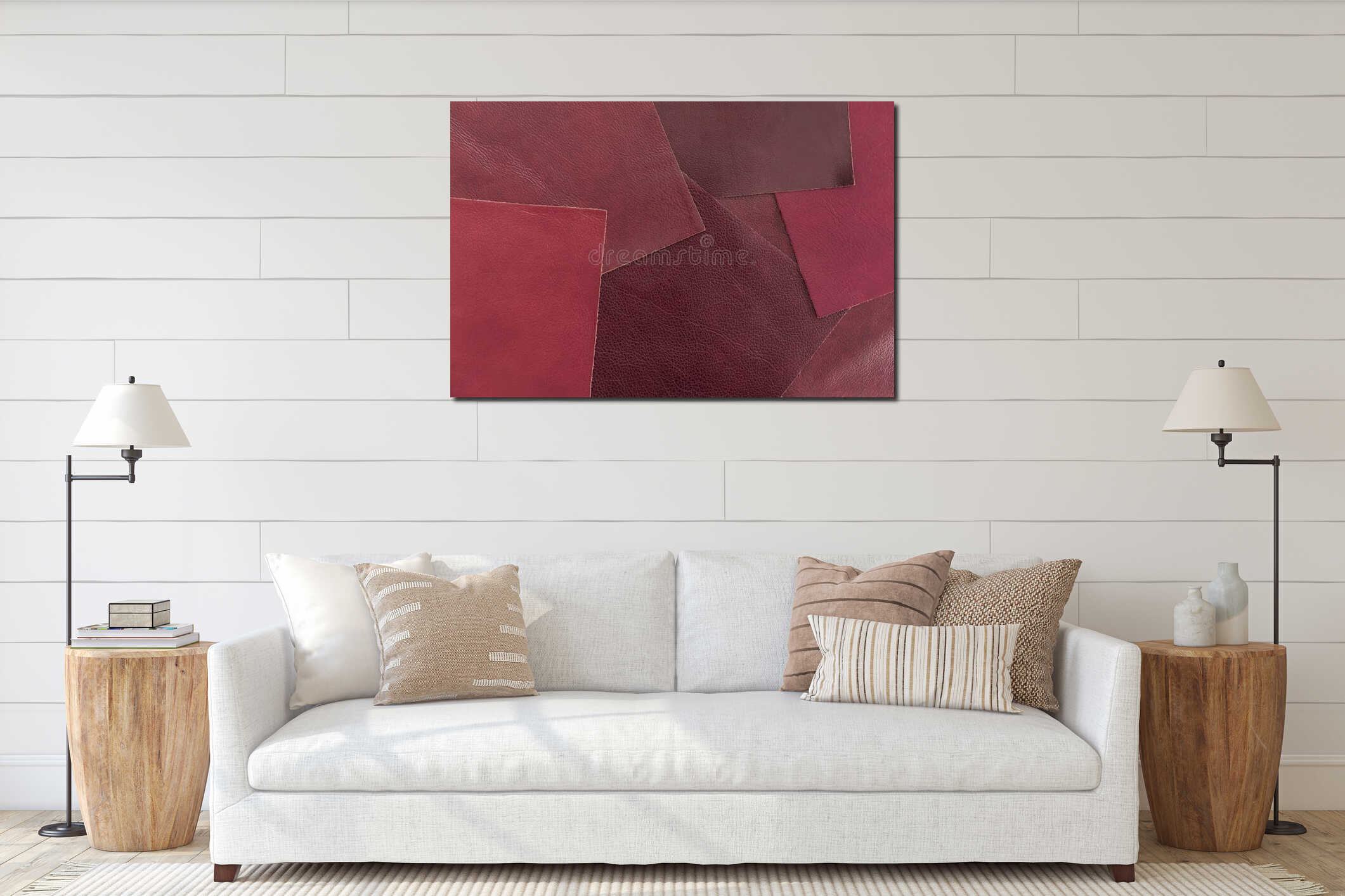 Set of multi-colored pieces of genuine leather of different textures, samples of red and burgundy shades for choice interior mockup