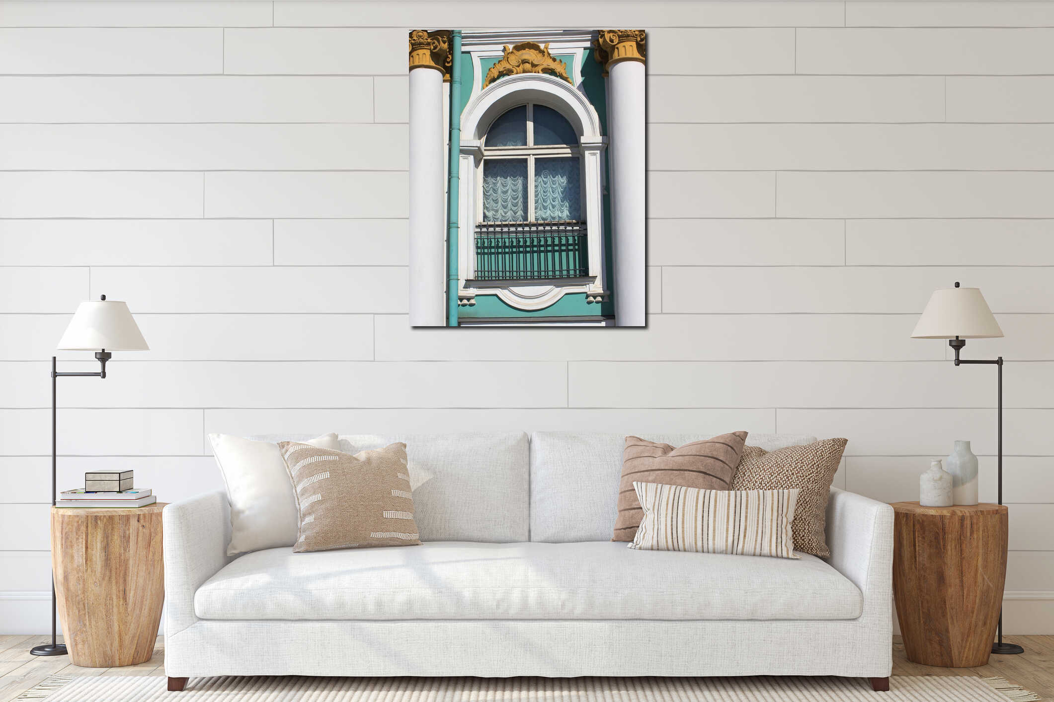 Historic old window decor on Winter Palace facade in St Petersburg, Russia interior mockup