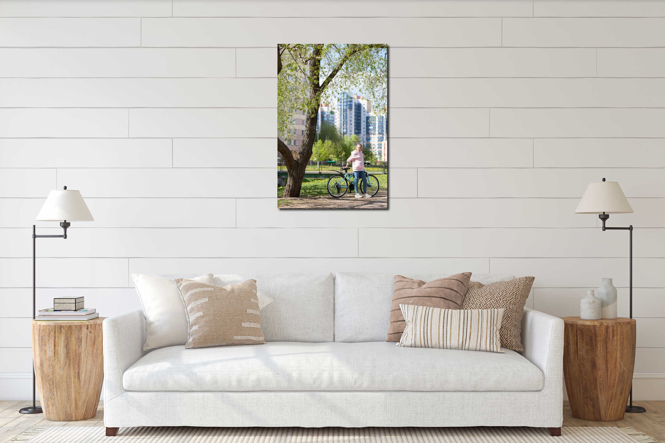 Portrait of Caucasian teenage girl standing with her bicycle under tree in urban park interior mockup