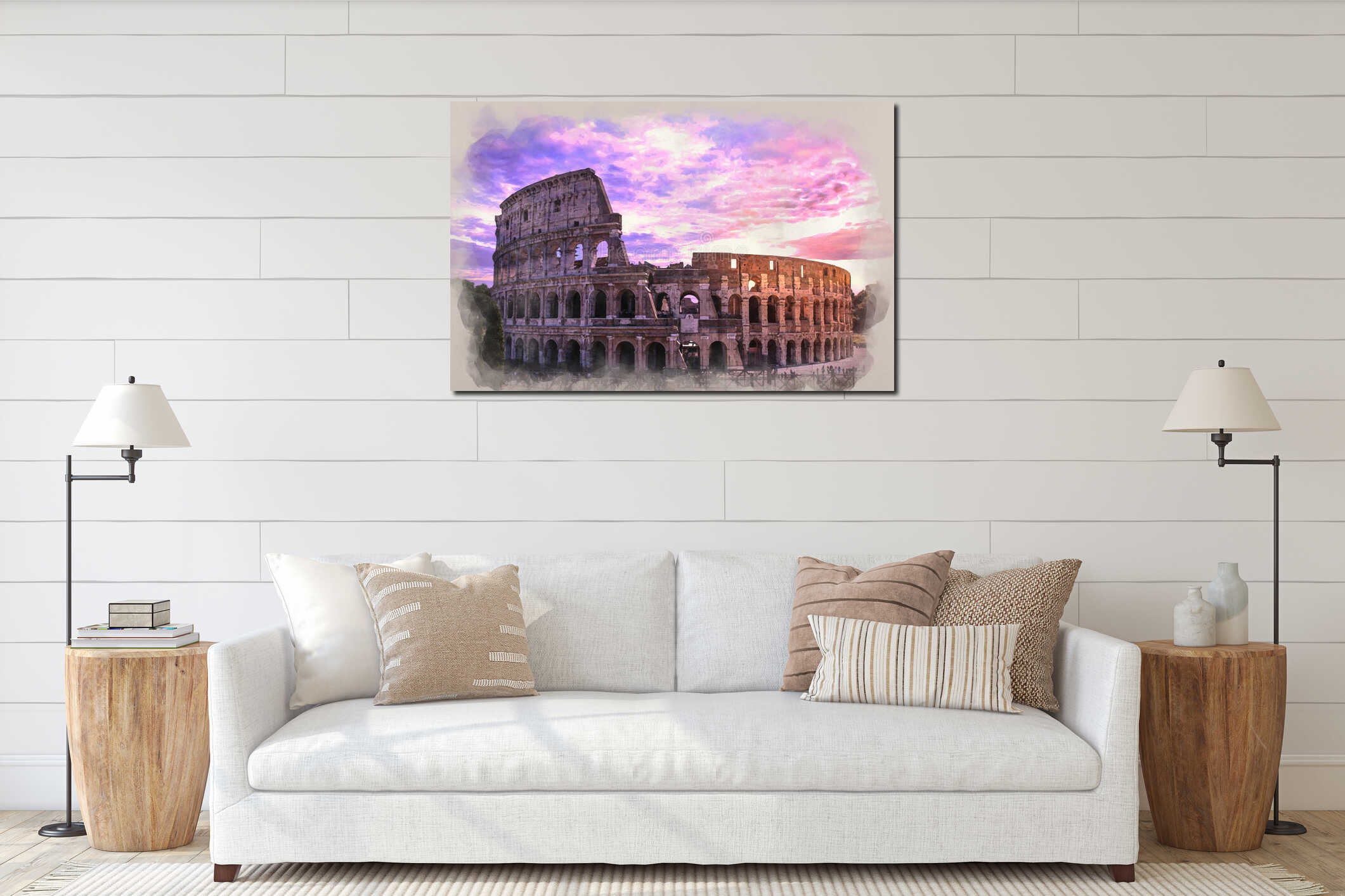 Water color effect of photo of Colosseum in Rome at sunset against purple cloudy sky interior mockup