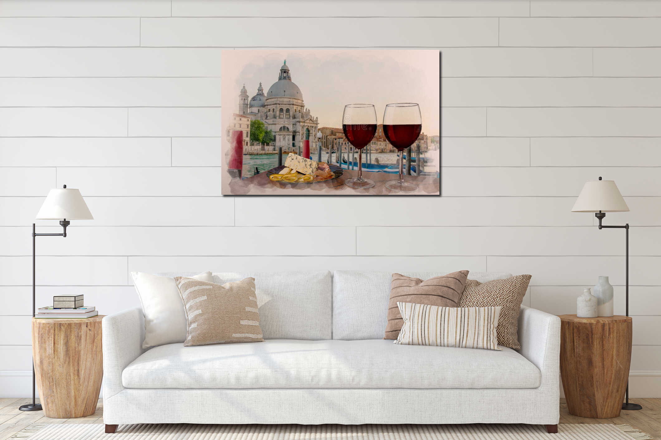 Water color effect of two glasses of red wine with charcuterie assortment on gondolas and Santa Maria della Salute interior mockup