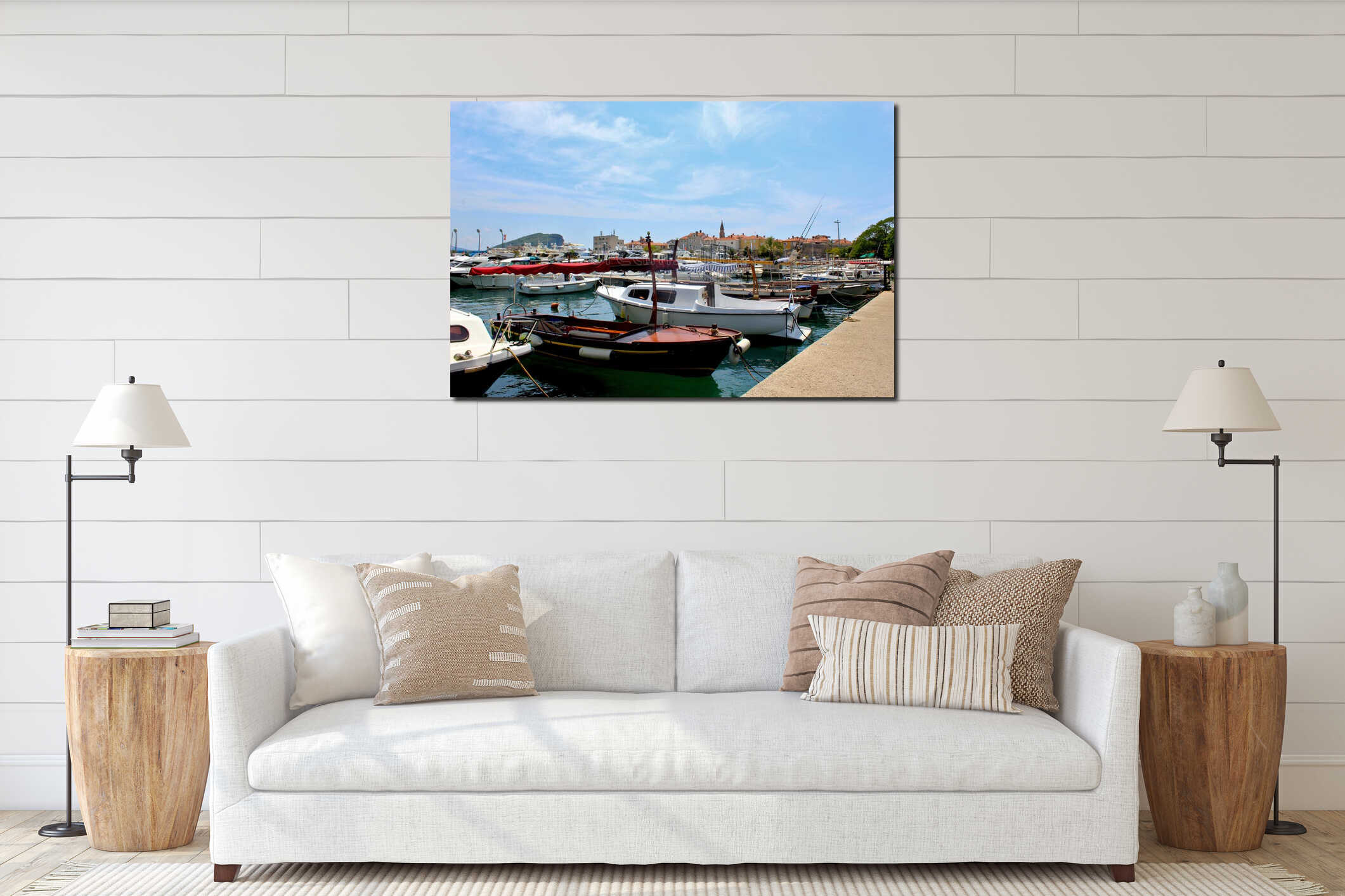 Boats waiting for tourists in the port interior mockup