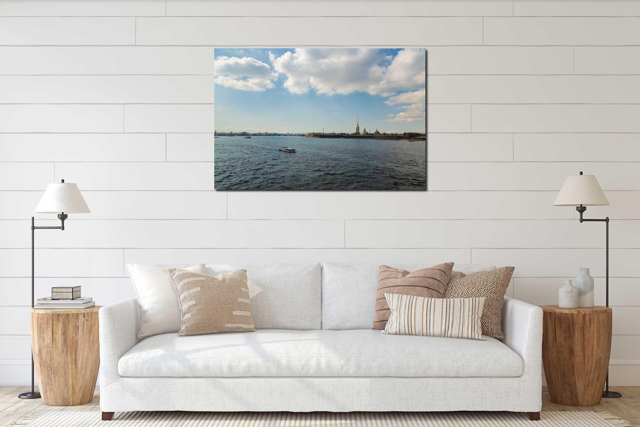 Saint Petersburg river view with The Peter and Paul Fortress citadel, aerofoil on Neva river, interior mockup