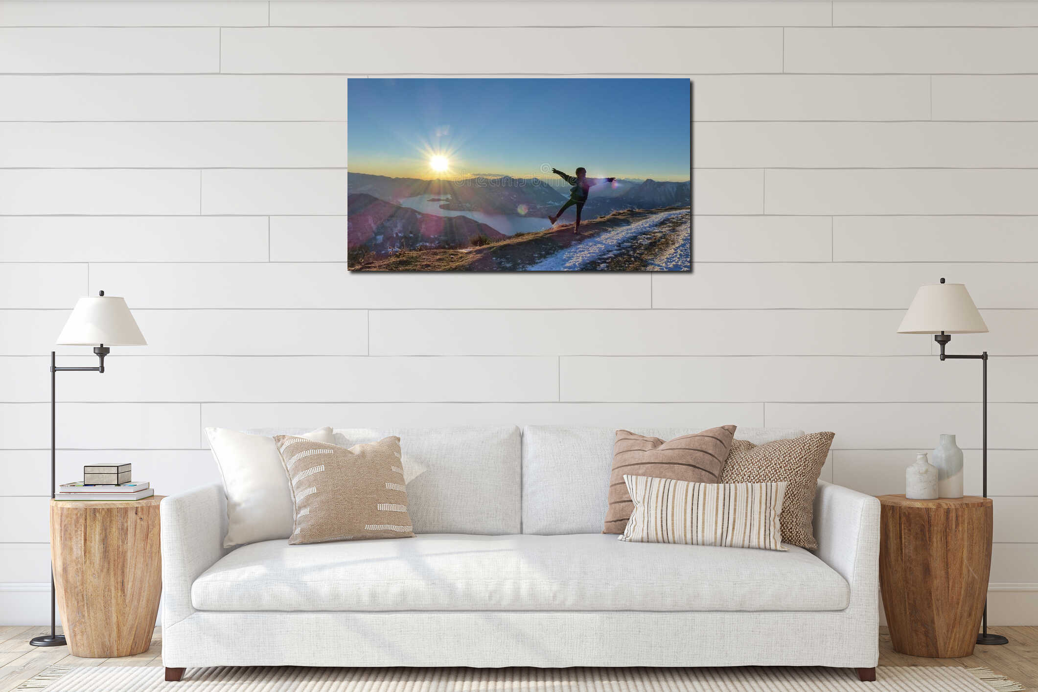 Sunset lake mountains interior mockup