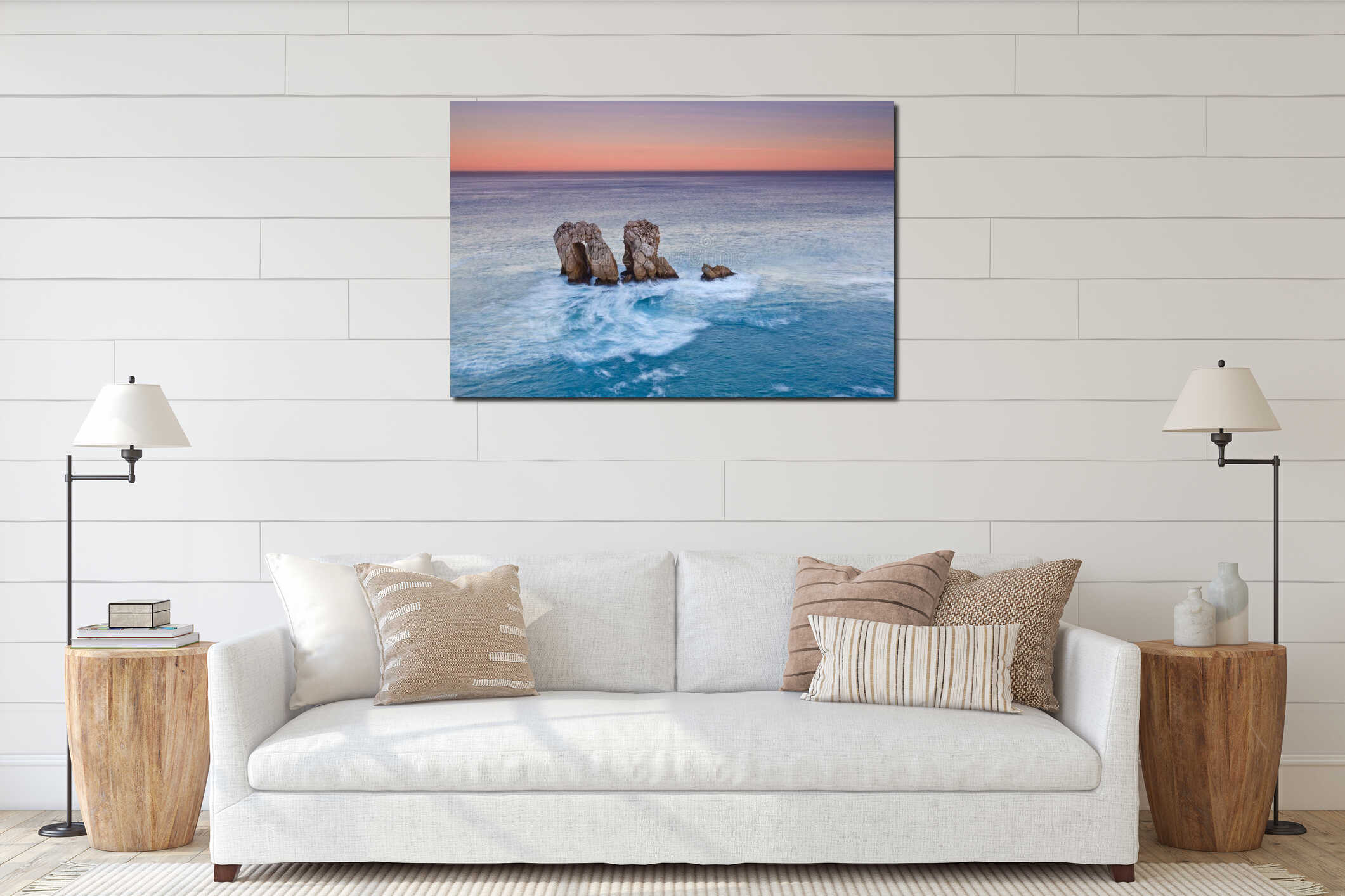 Amazing seascape sunrise interior mockup