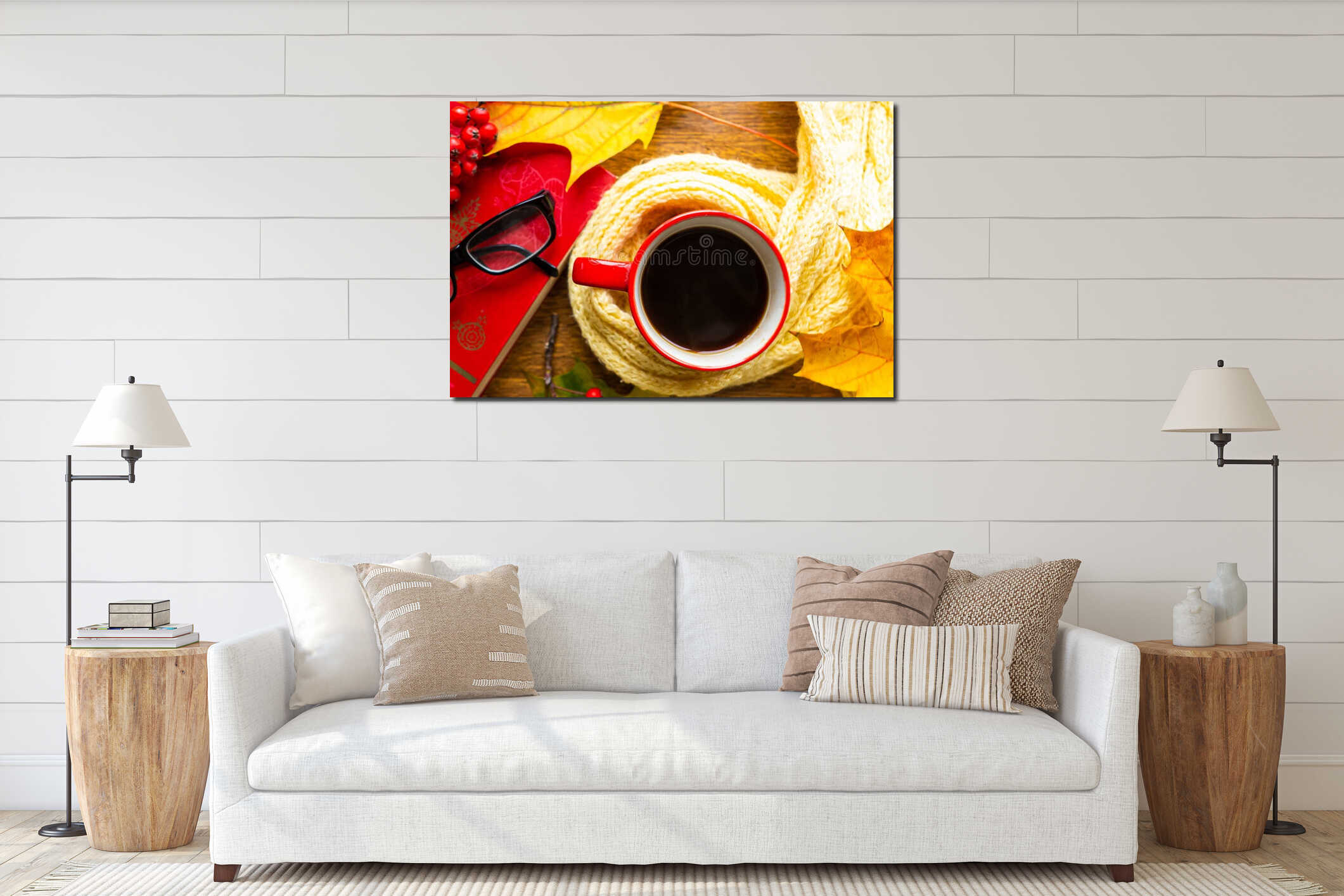 Coffee cup, old book and glasses on the table. interior mockup