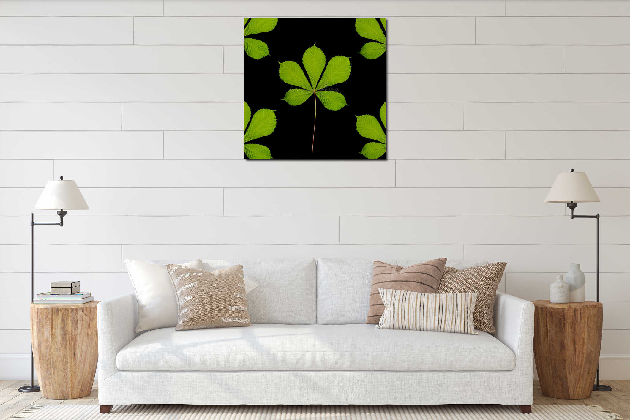 Fresh green chestnut tree leaf design on a black background interior mockup