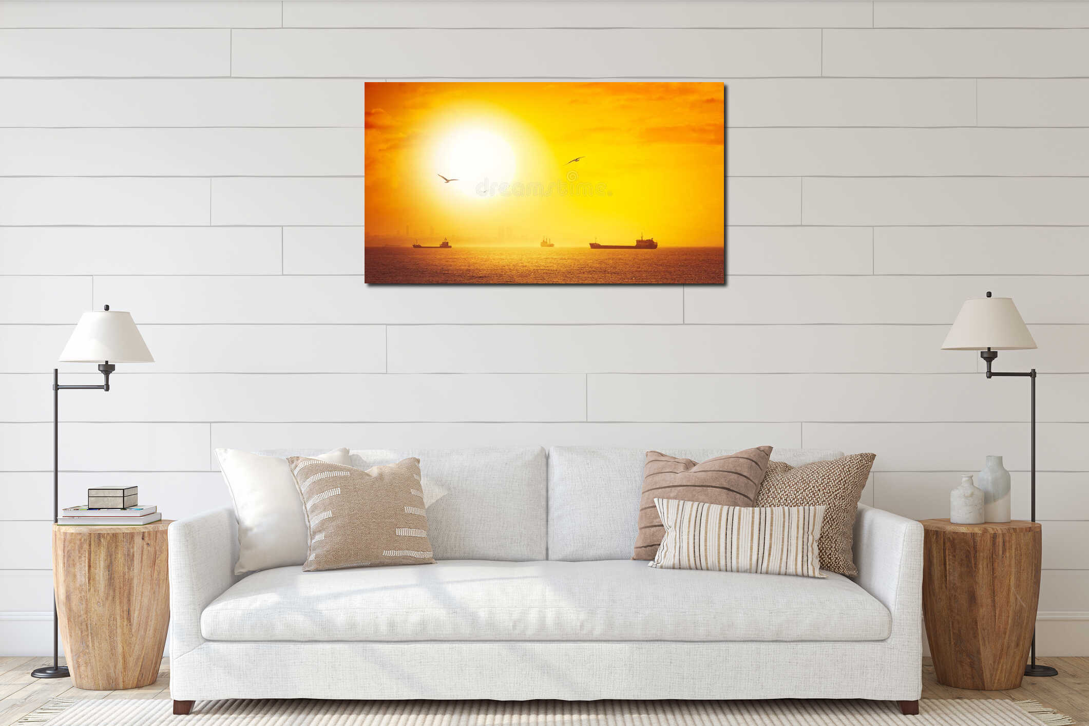 Sea sunset with silhouettes of cargo ships. interior mockup