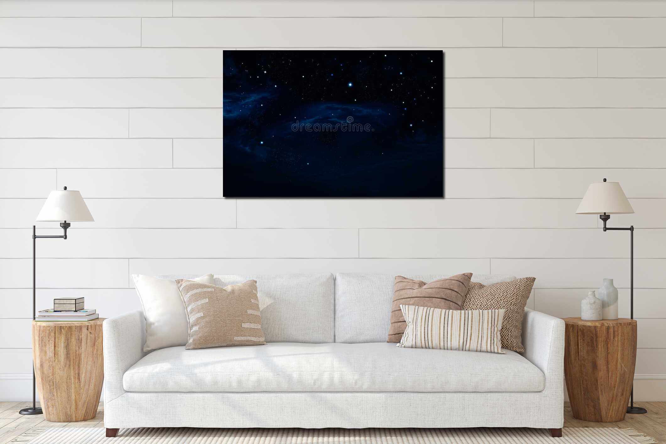 Deep space, Nebula and shining stars in night sky interior mockup