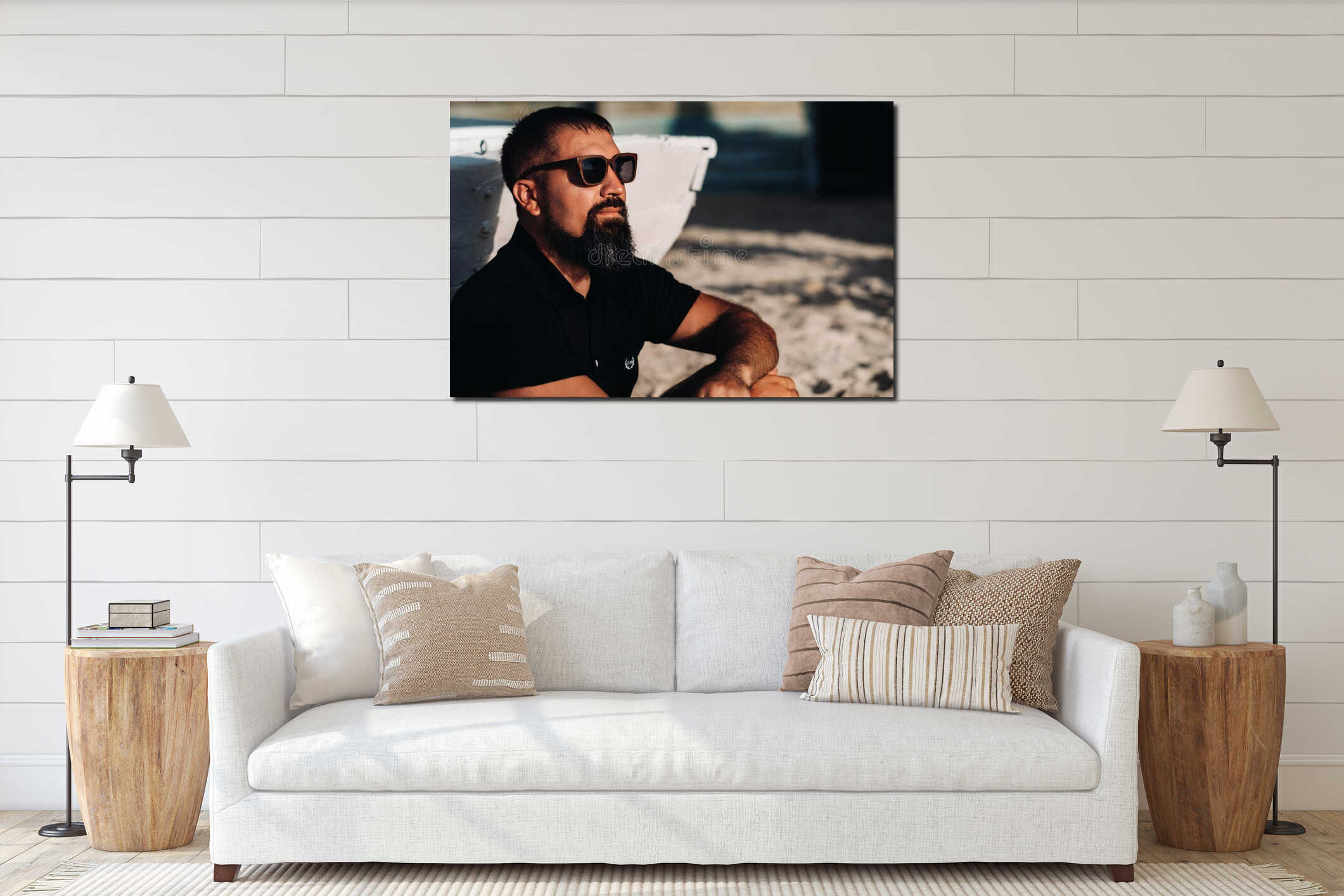 Portrait of smiling happy handsome sexy man showing muscular fit body enjoying and relax standing on the tropical beach and interior mockup