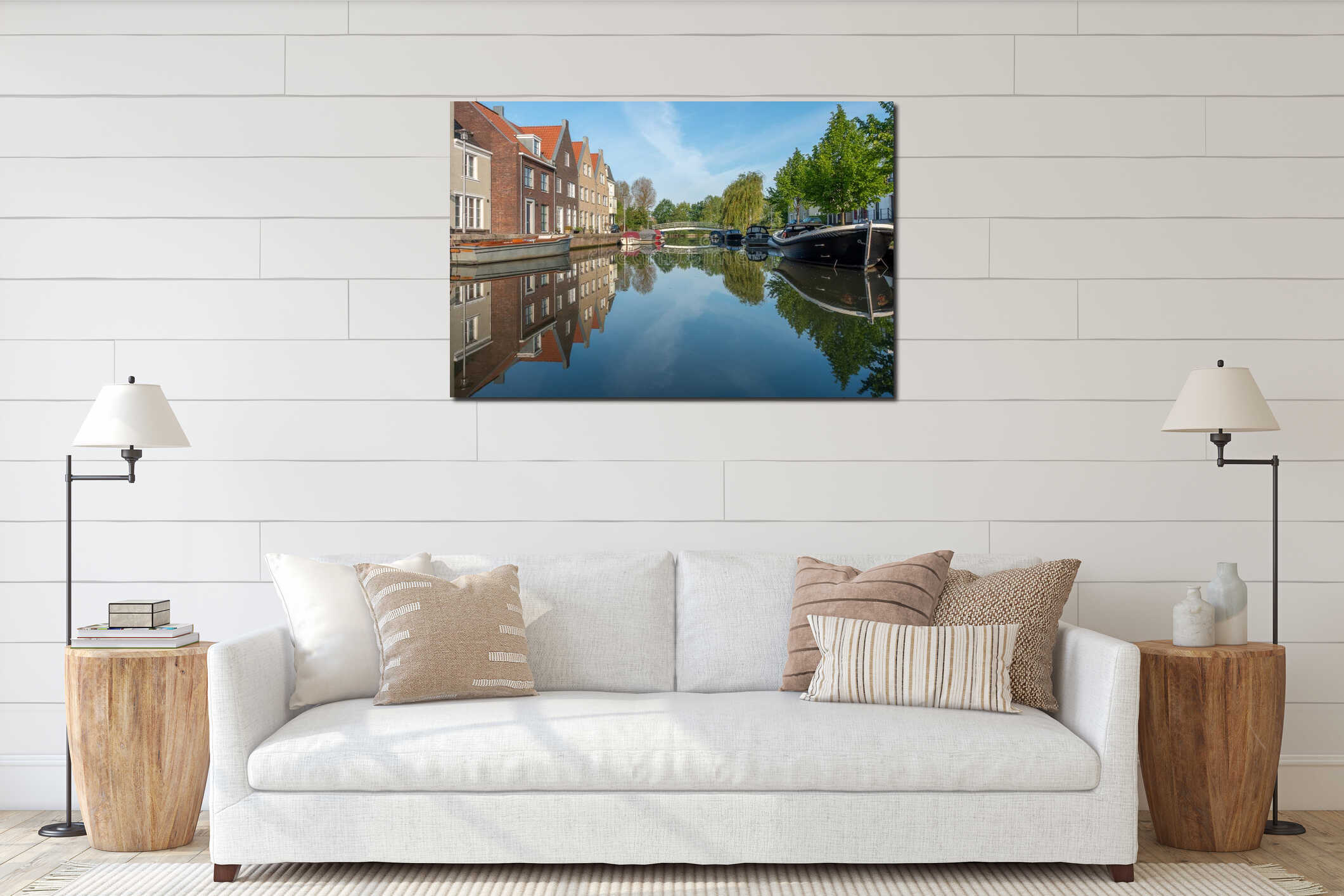 Horizontal shot of a beautiful canal with boats and houses surrounding it interior mockup