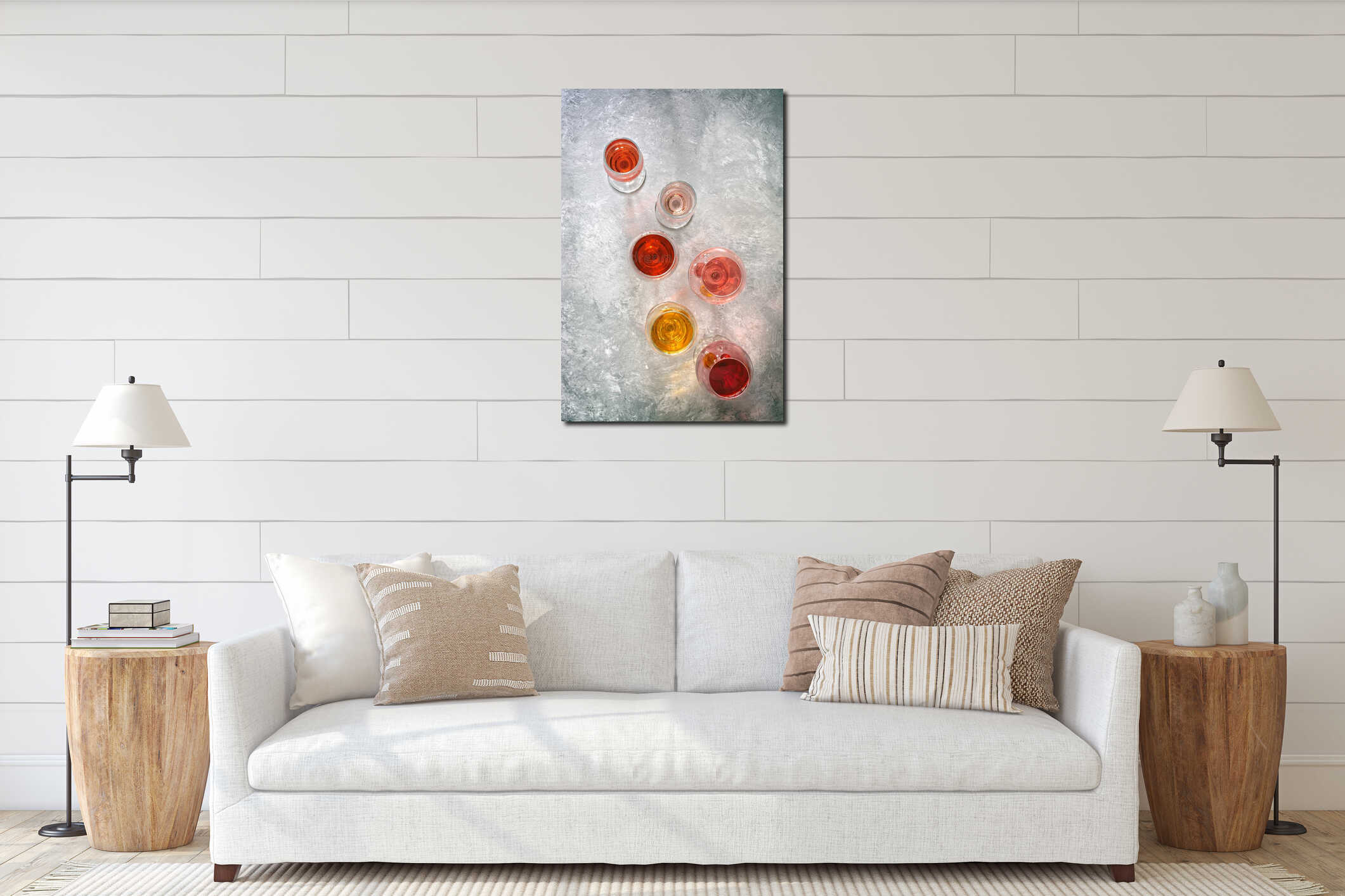 Top view collection of various wines, white, pink, red on a gray concrete background. Wine tasting concept interior mockup