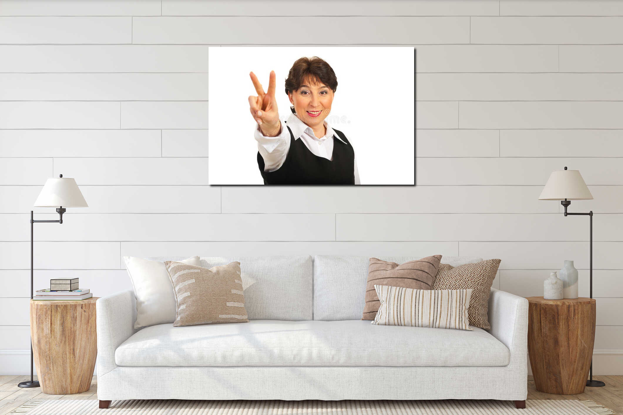 Victorious mature business woman interior mockup