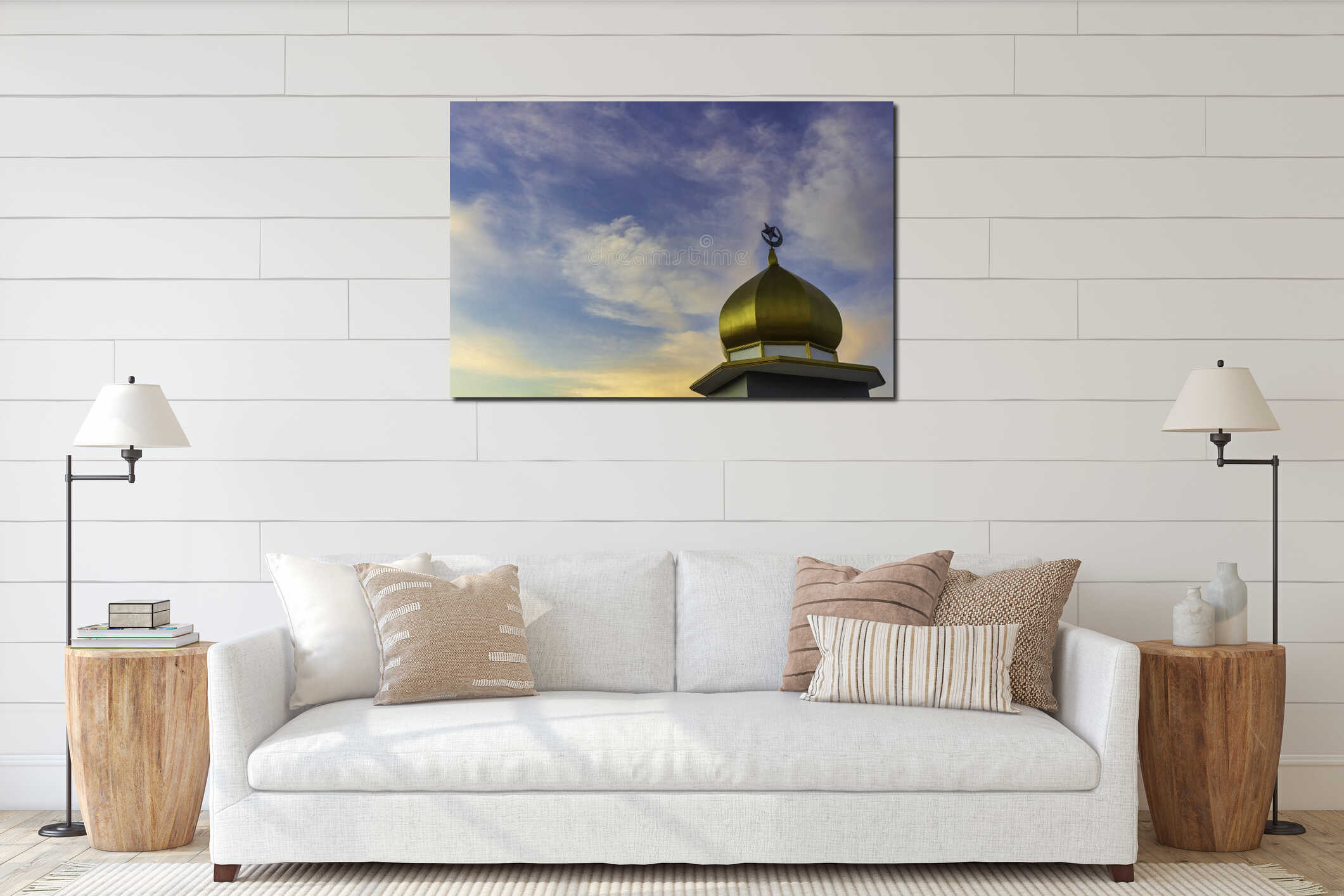 The golden dome with the symbol of Islam is the crescent moon and star interior mockup