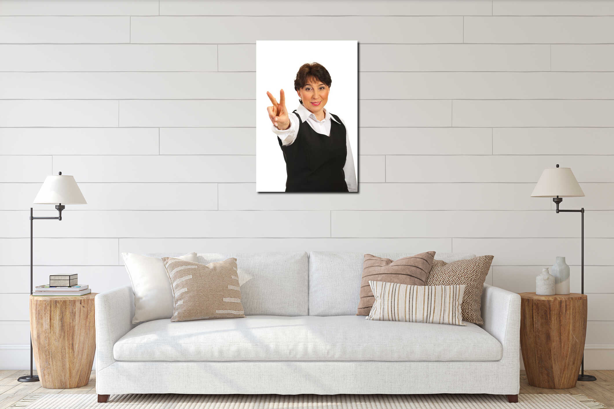 Mature woman show victory sign hand interior mockup