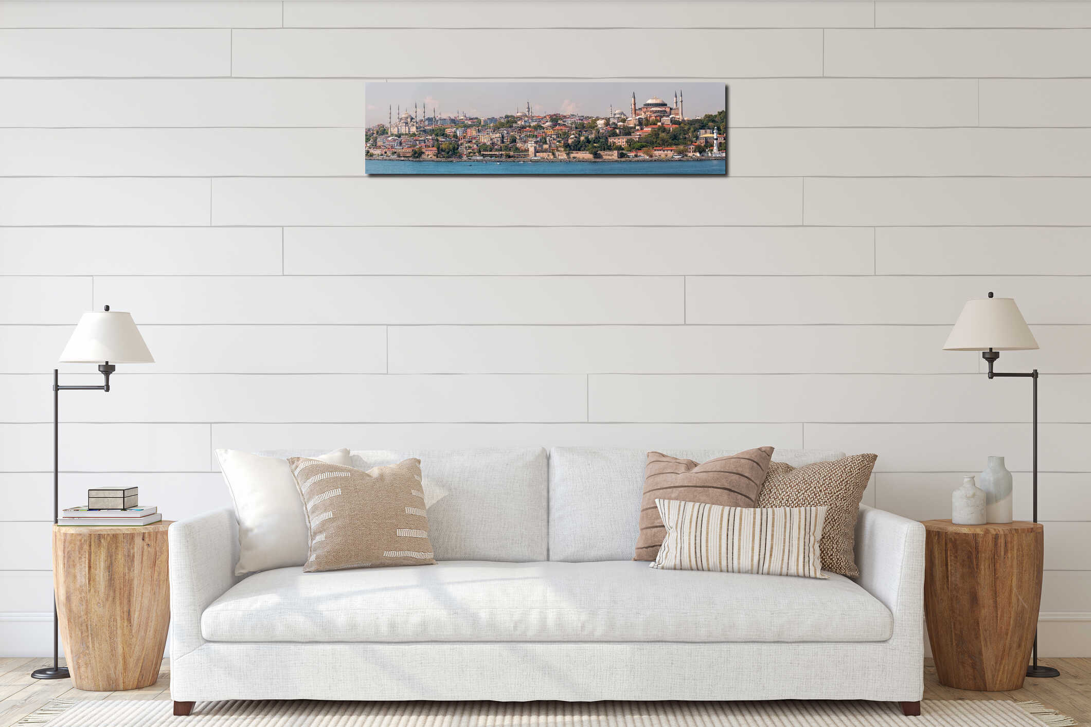 Istanbul cityscape with Sultan Ahmed Mosque known as Blue mosque and Hagia Sophia interior mockup