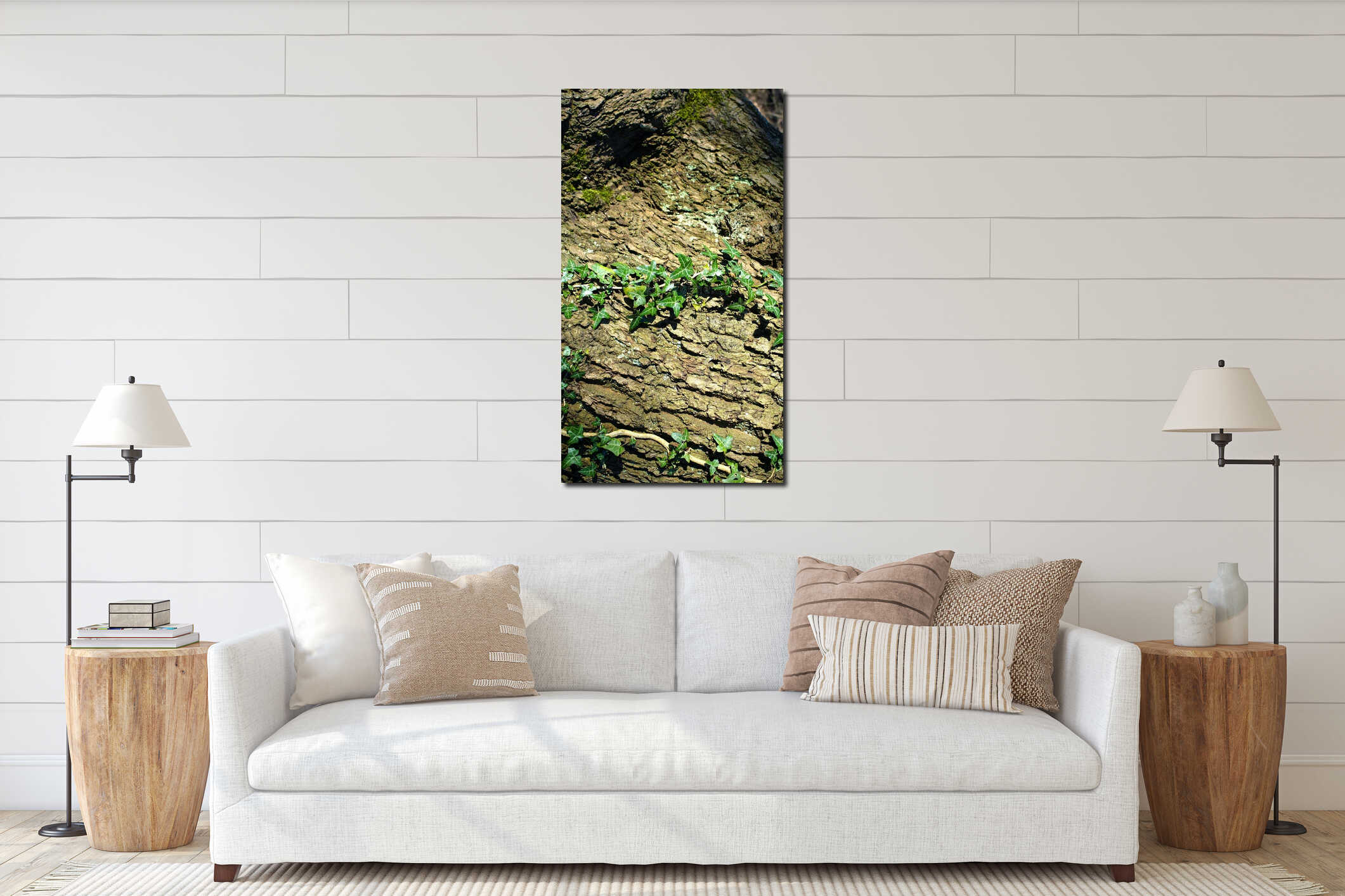 Vertical photo of green ivy on fabulous mysterious trunk of an old tree backdrop interior mockup
