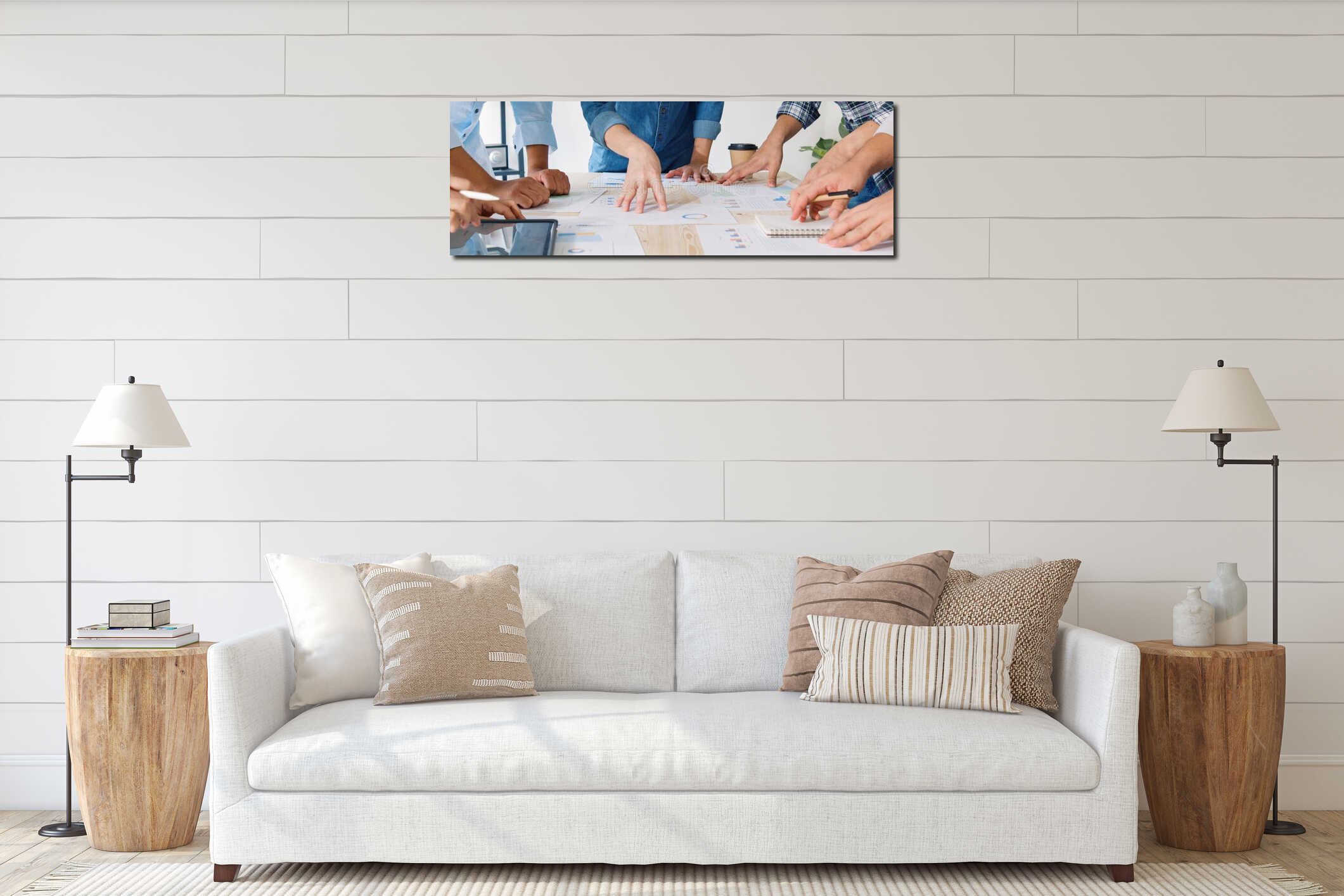 Asian business financial team work together in project brainstorm meeting. Cooperate teamwork, strategy planning interior mockup