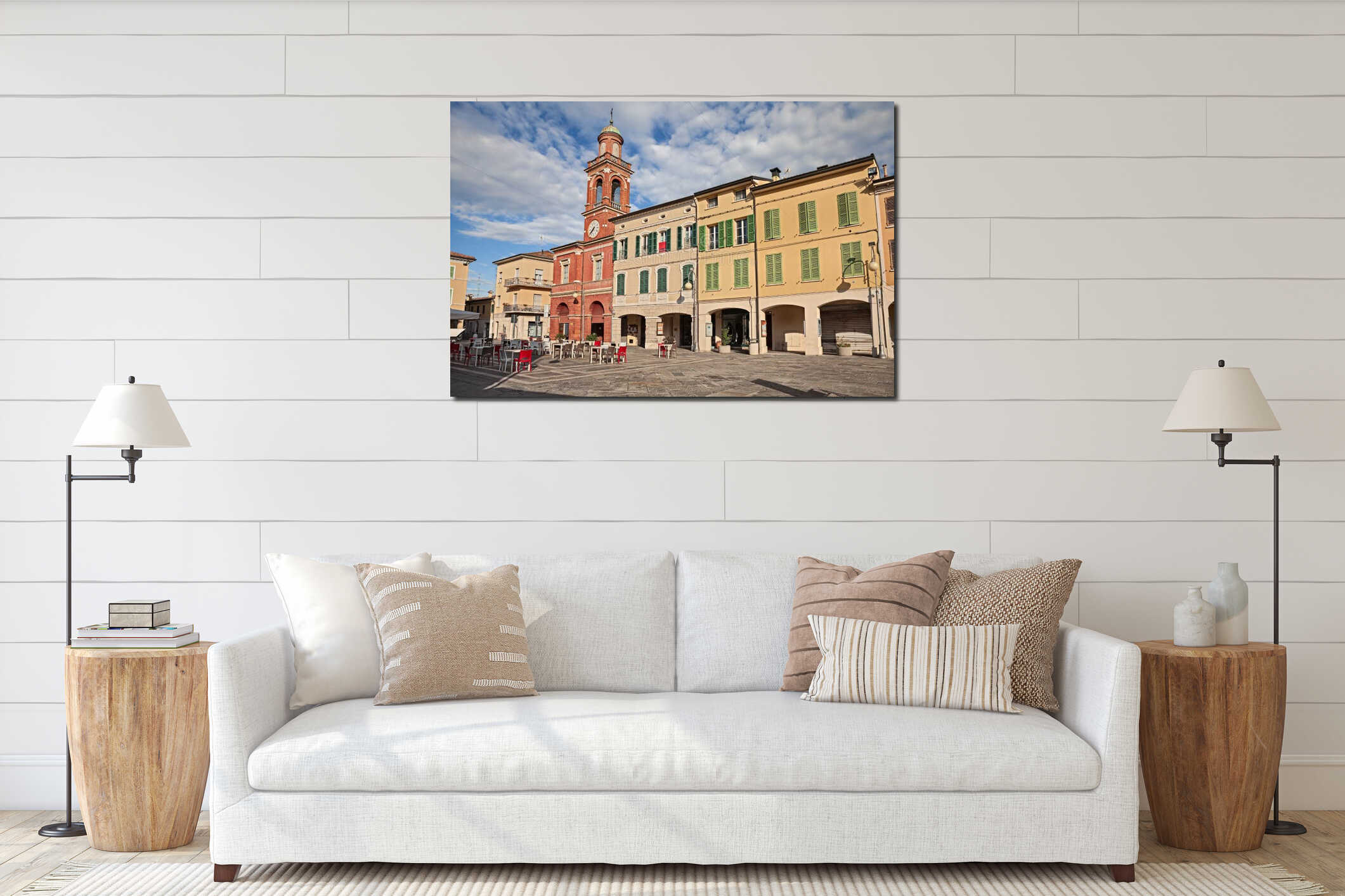 Russi, Ravenna, Emilia-Romagna, Italy: view of the Dante square in the old town of the ancient Italian city interior mockup