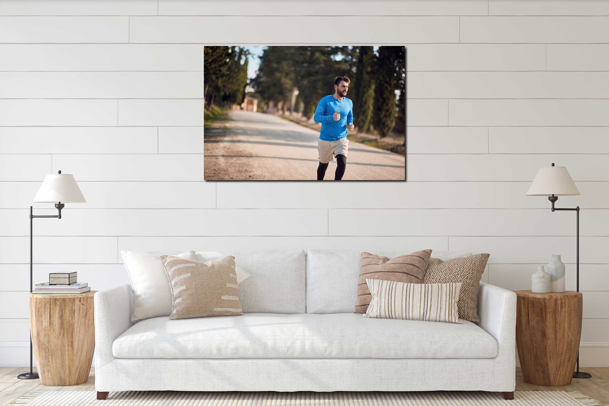 Caucasian adult man jogging in beautiful region of italy interior mockup
