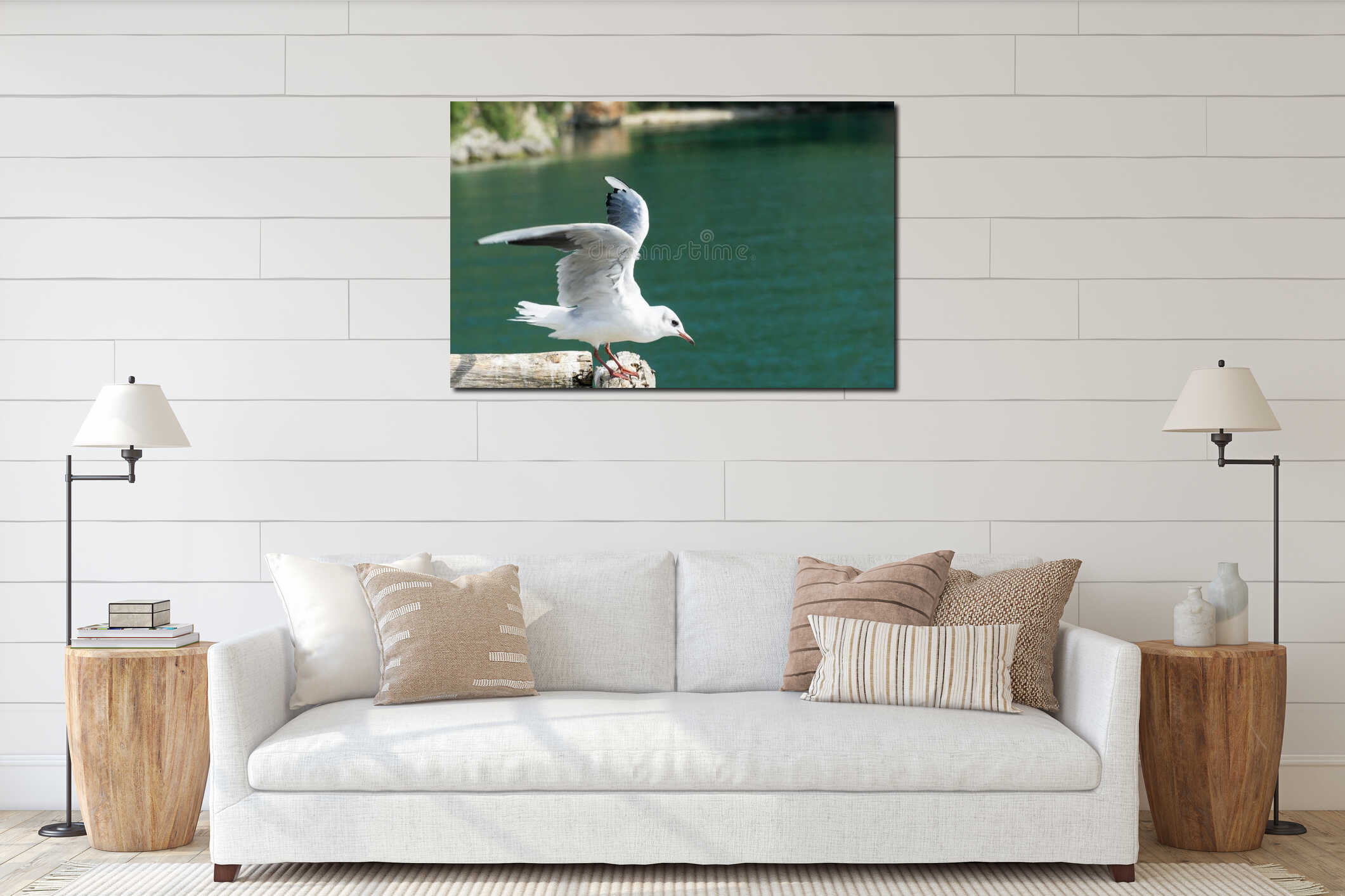 White-gray seagull takes off from pier. interior mockup