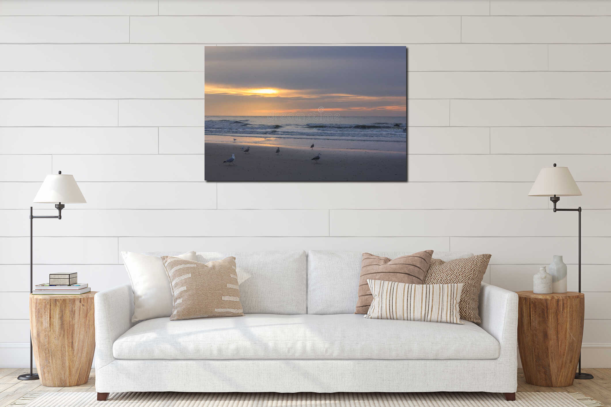 Sunset on the Belgian coast with several European herring gulls interior mockup