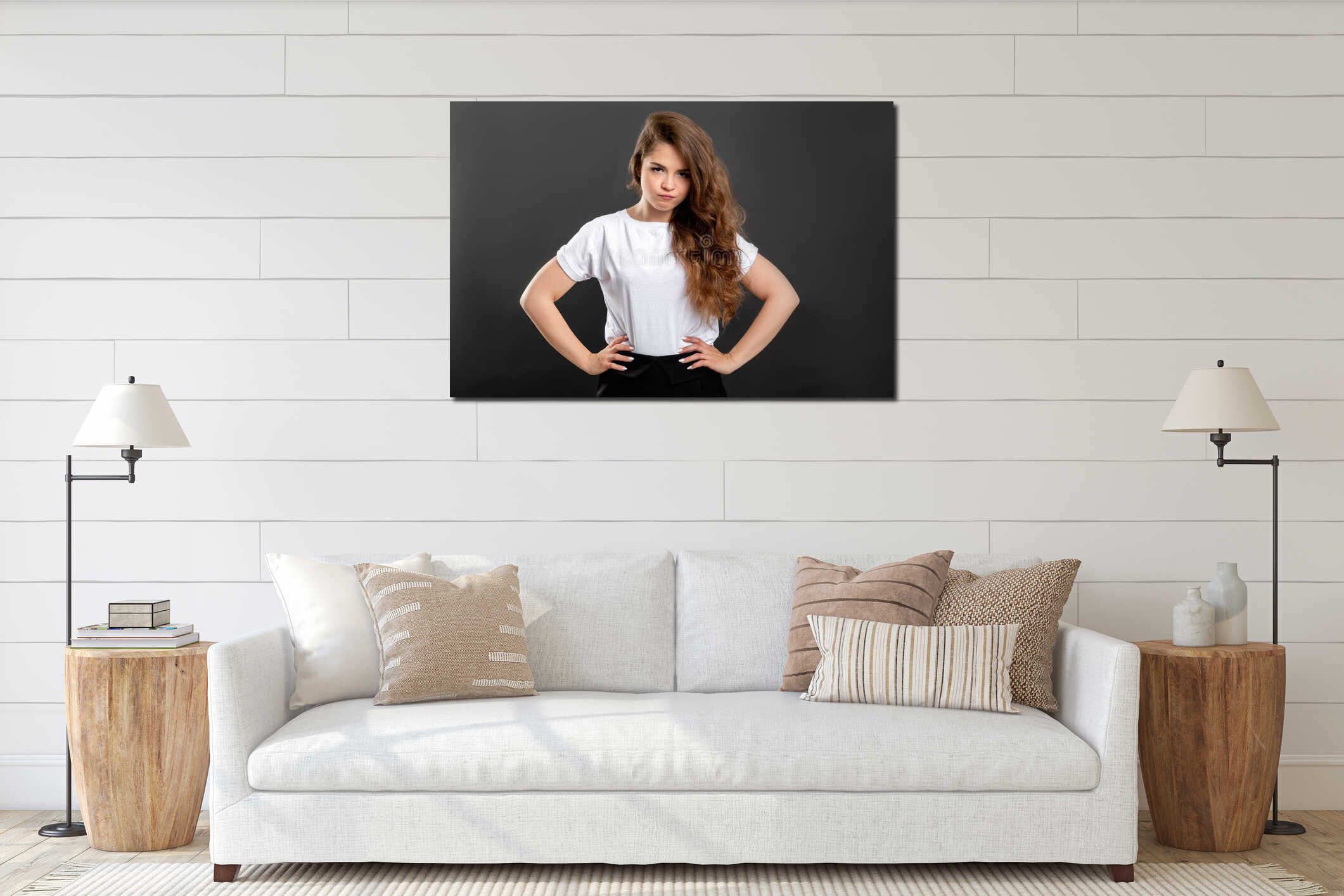 Displeased woman portrait annoyed hands on hips interior mockup