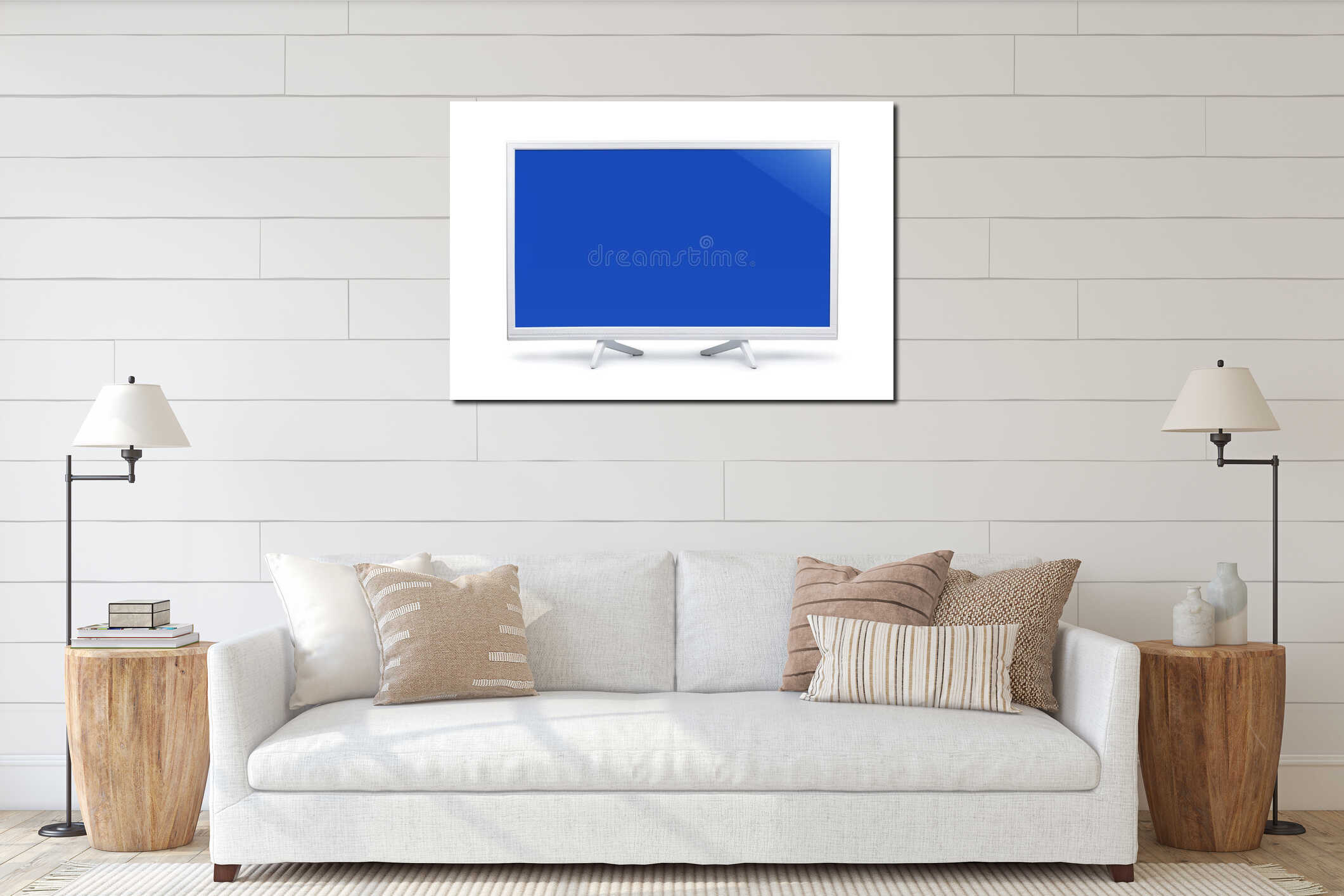 White wide screen LED TV with blank blue screen interior mockup