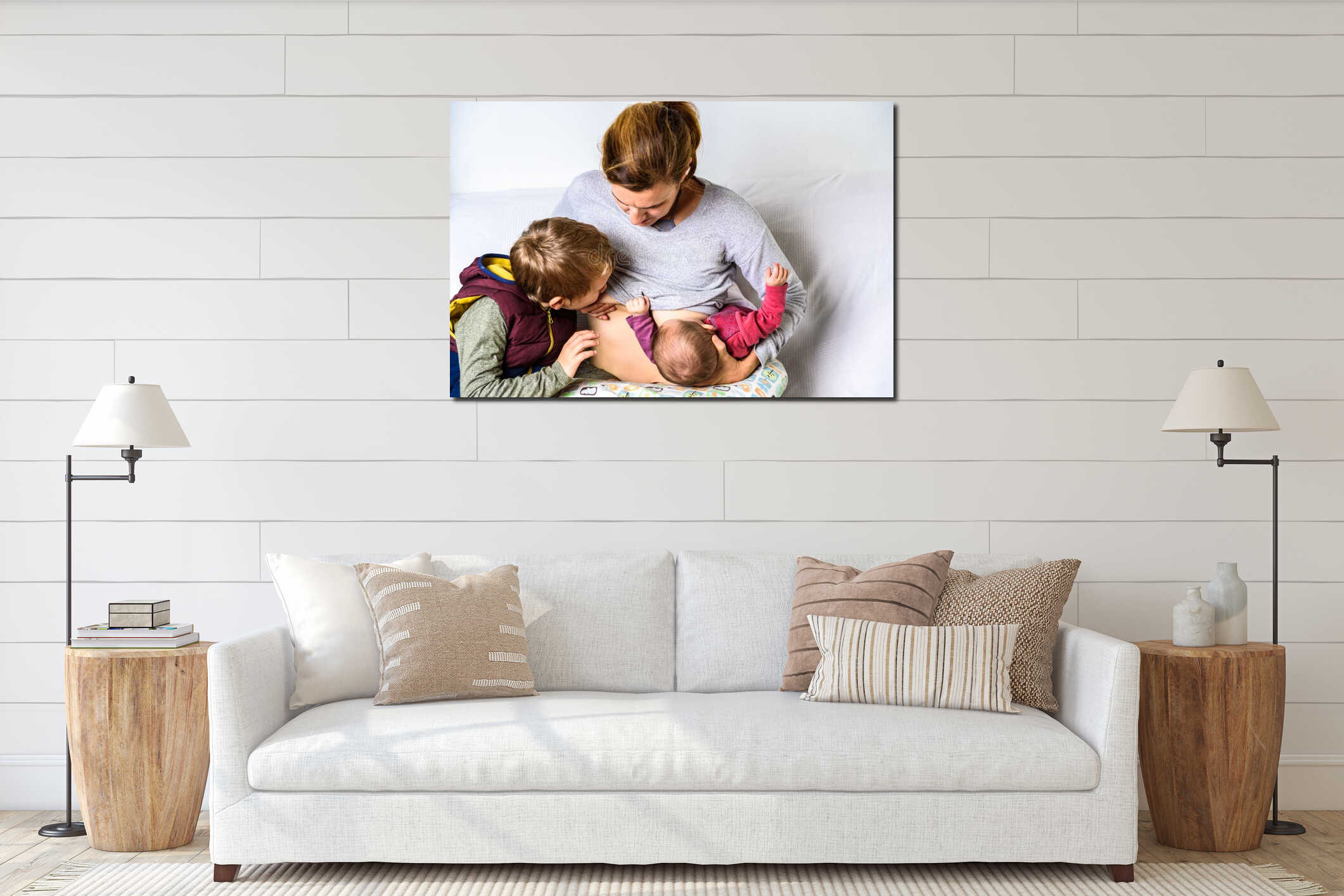 Mom breastfeeding her two sons in tandem, the two brothers share her mom`s breast interior mockup