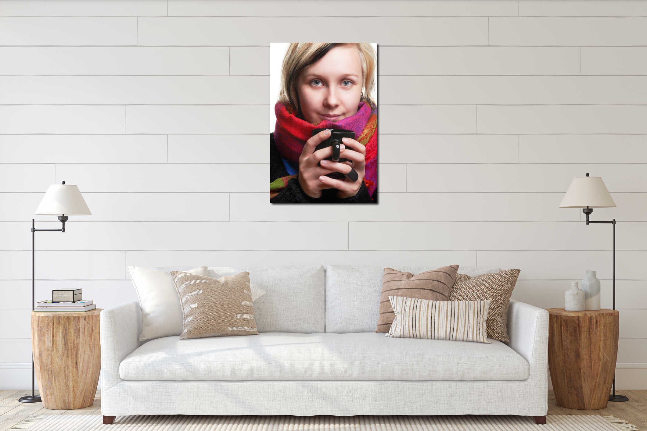 Pretty young girl with cup in hands interior mockup