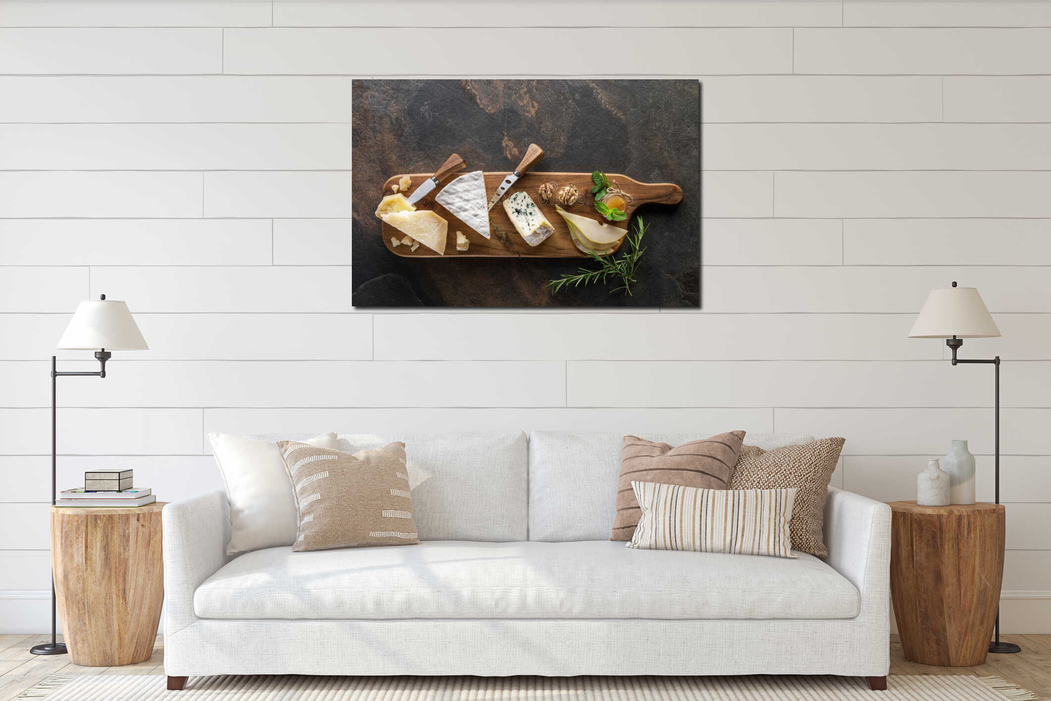 Cheese platter with different cheeses, wine and fruits on stone background. Top view interior mockup