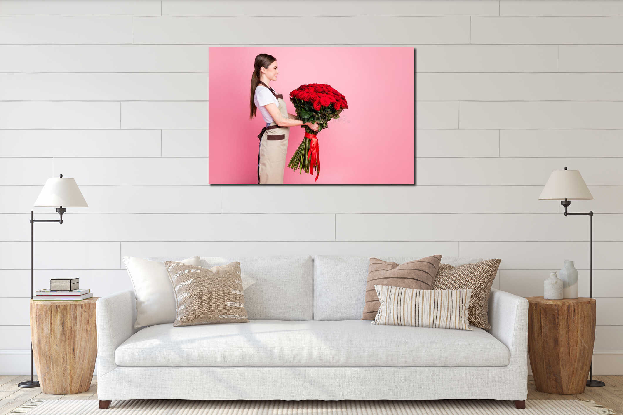 Profile side view portrait of her she nice attractive lovely cheerful girl seller holding in hands giant bunch red roses interior mockup