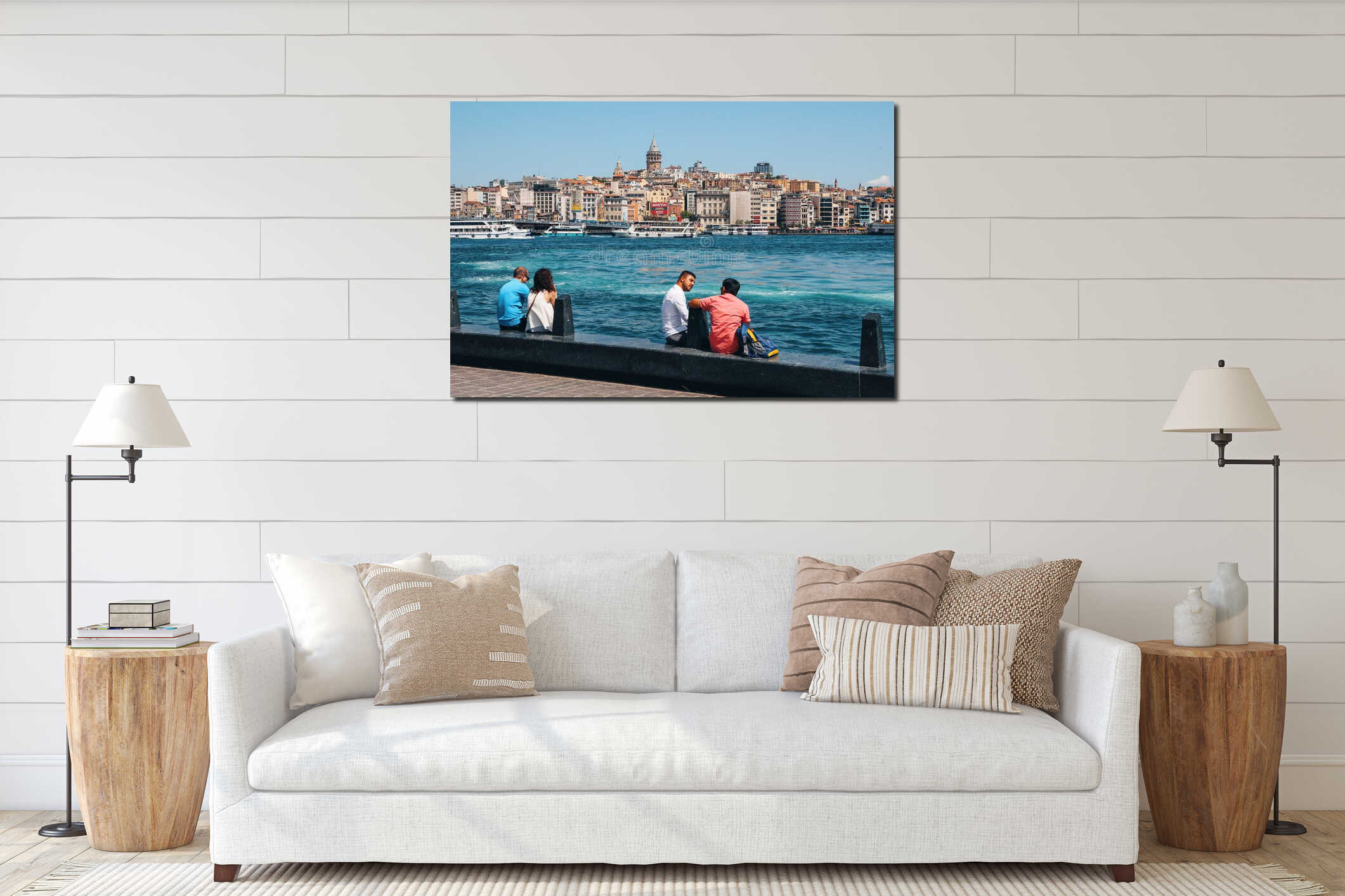 Golden horn Bay, people sit on the waterfront, in the background Galata bridge, ships and Galata tower. interior mockup