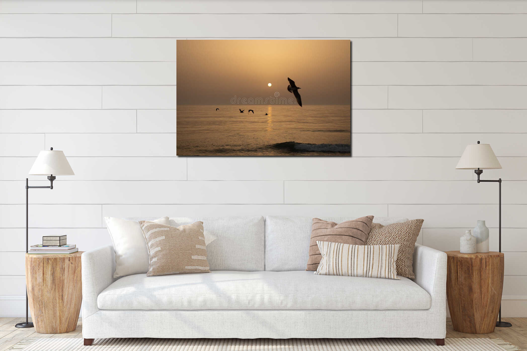 Sunset at Mira beach in Portugal with seagulls flying interior mockup