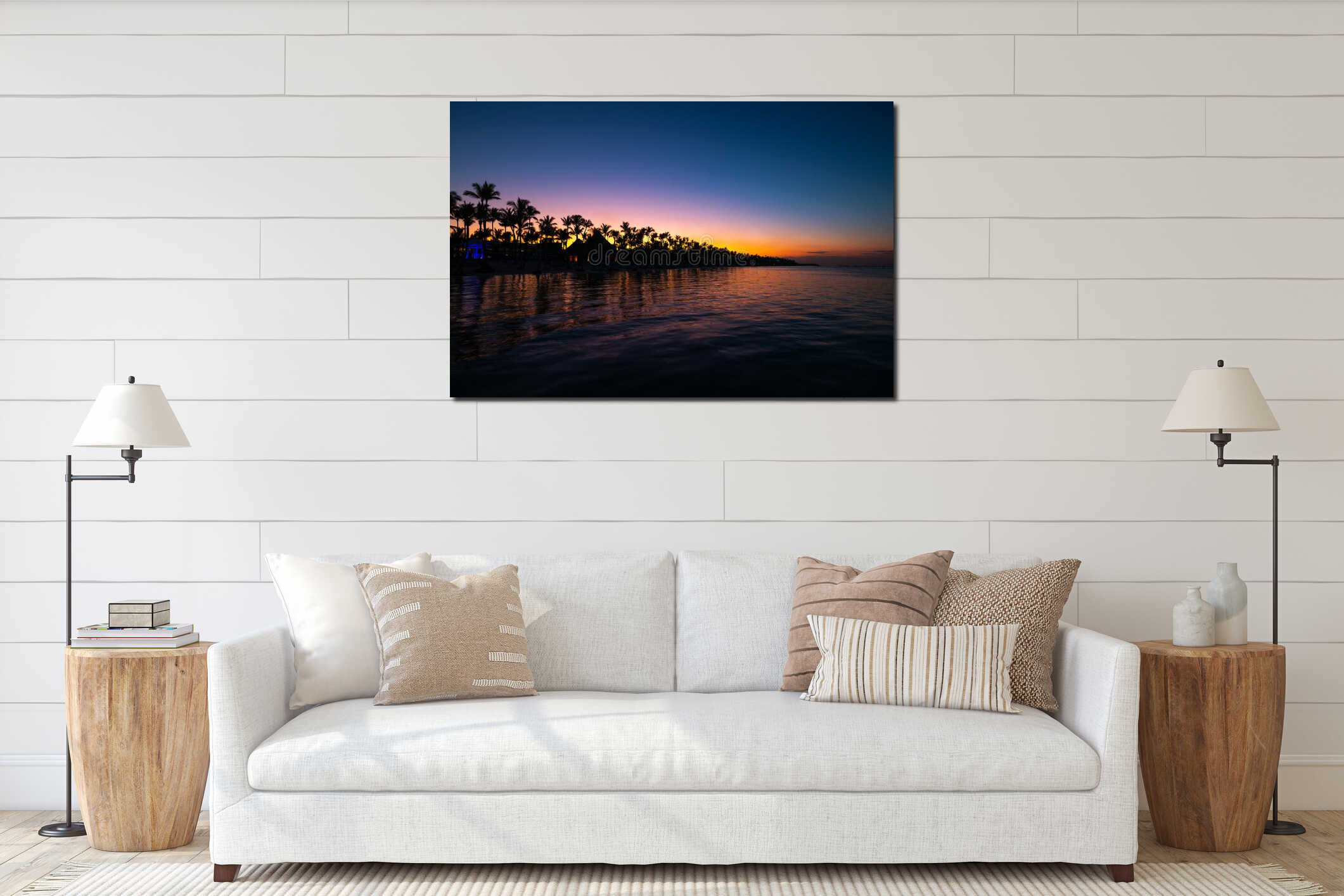 Tropical island at night. Palm trees silhouettes and lights on resort beach interior mockup