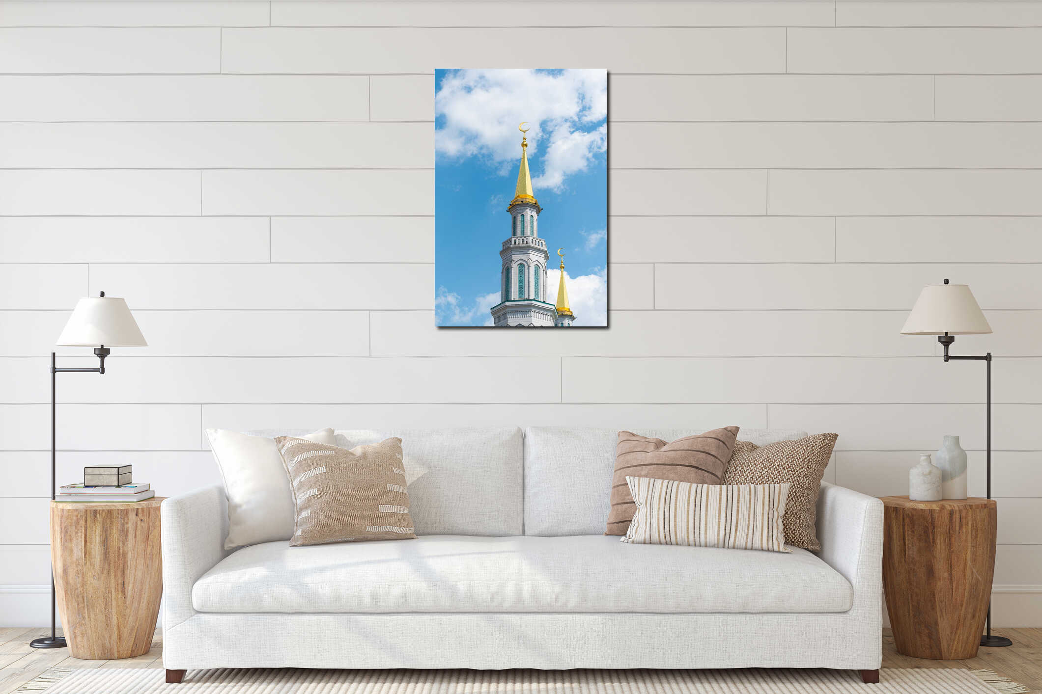 Beautiful minaret with golden crescent against blue sky interior mockup