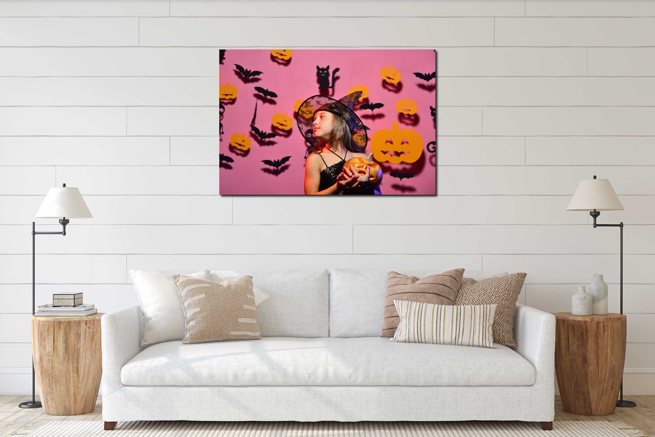 Halloween party and decorations concept. Girl with romantic face interior mockup