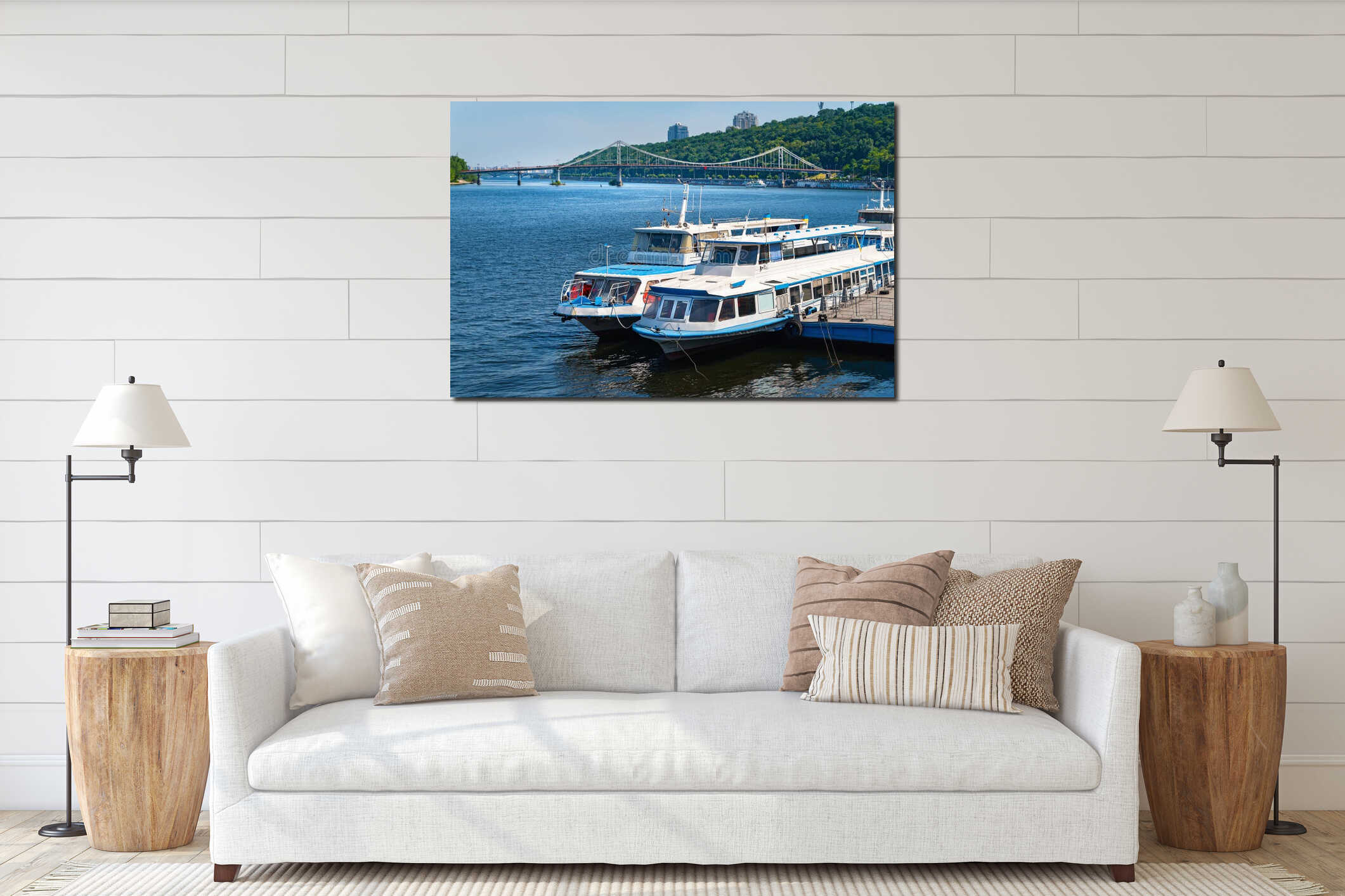 Two river pleasure boats moored to the pier for landing tourists. Navigation nae Dnieper interior mockup