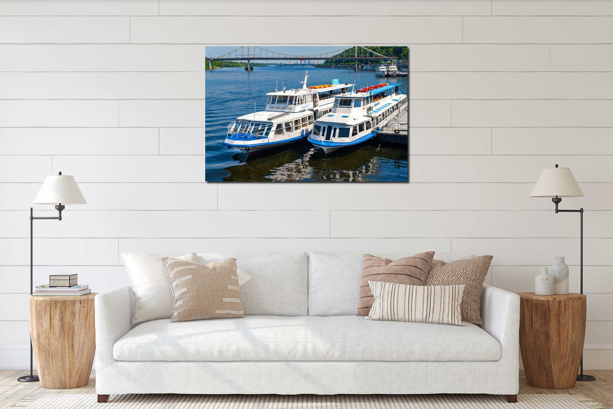 06/06/2020. Ukraine. Kiev. Two river pleasure boats moored to the pier for landing tourists interior mockup