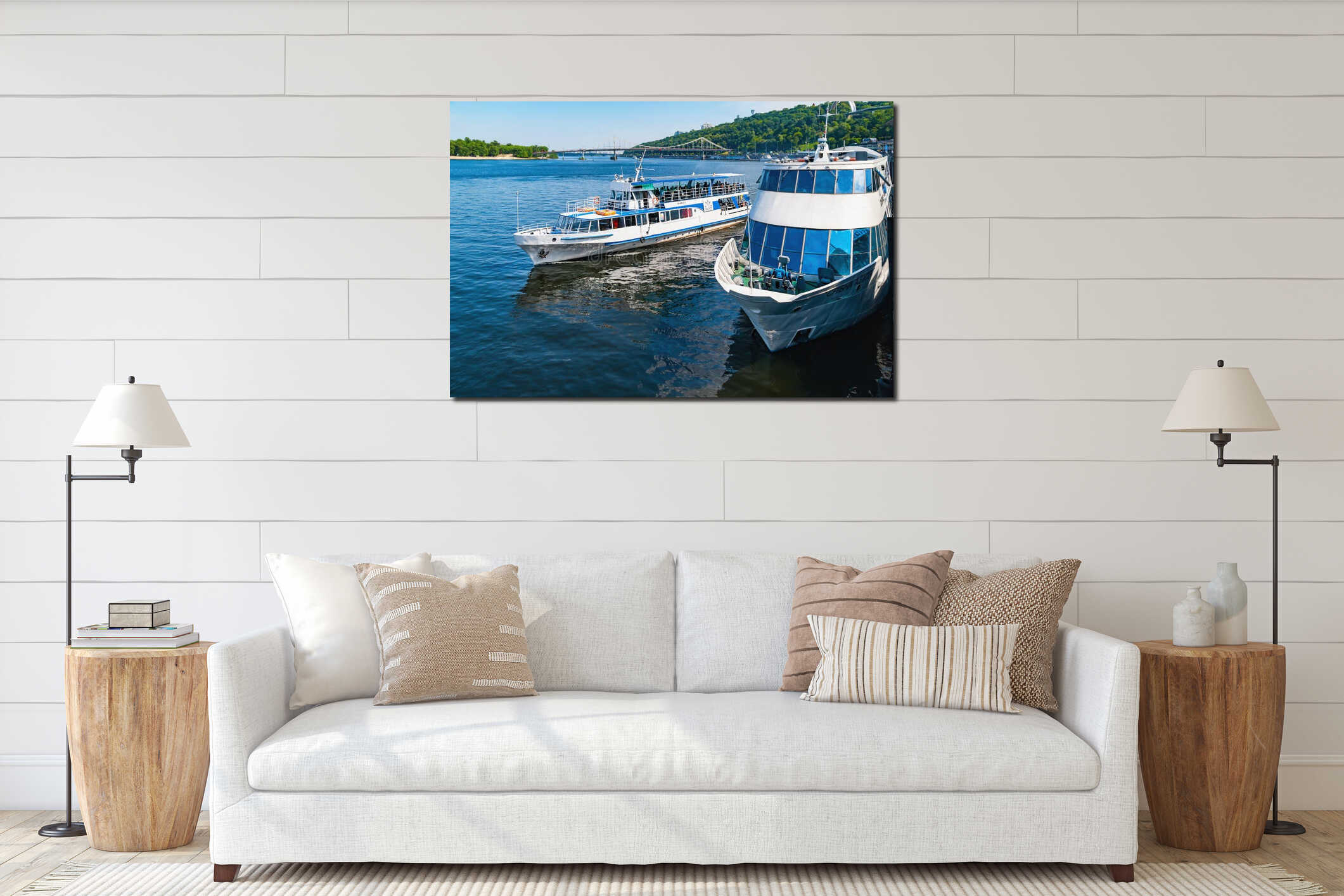 06/06/2020. Ukraine. Kiev. Pleasure cruise river ship leaves the pier interior mockup