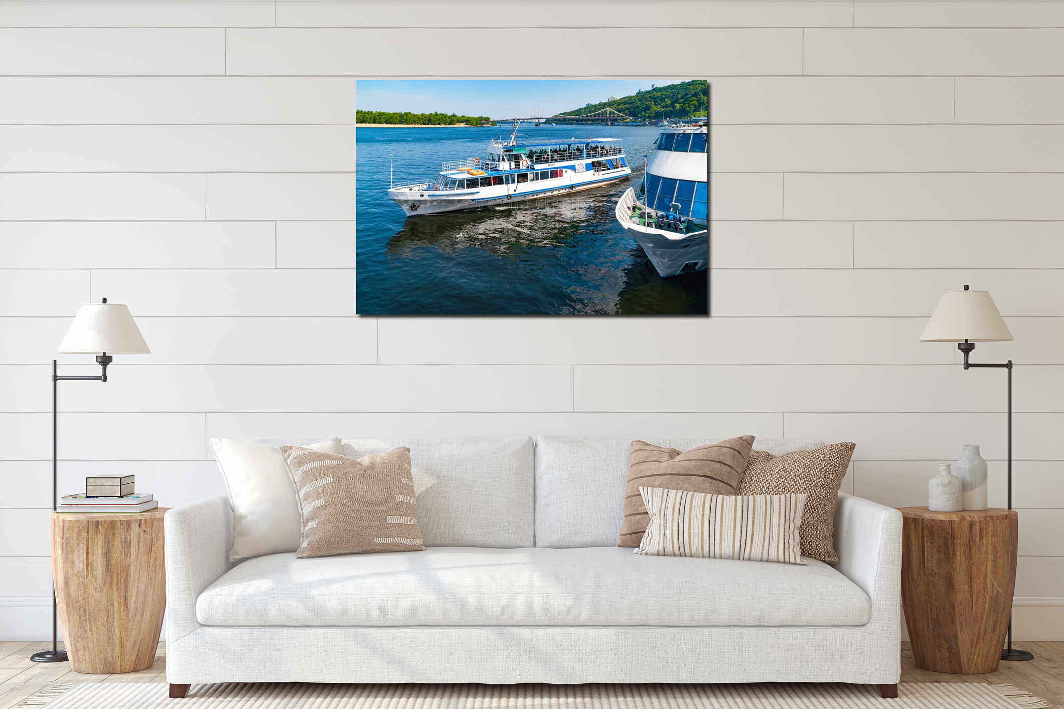 06/06/2020. Ukraine. Kiev. A pleasure cruise river ship sets sail from the pier interior mockup